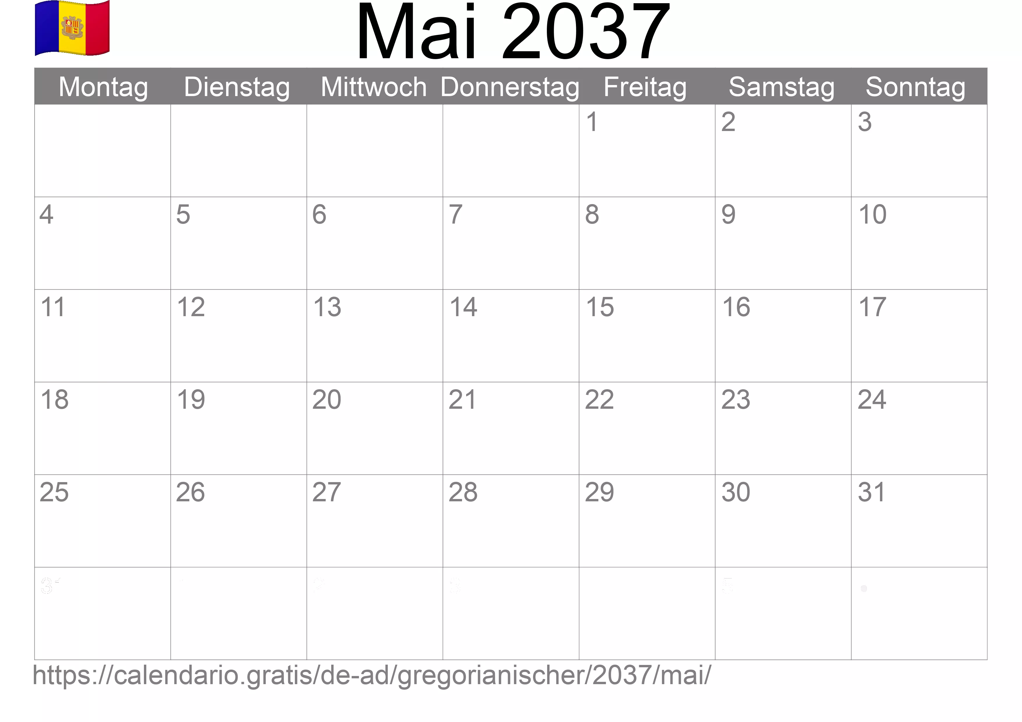 Kalender Mai 2037 zum Ausdrucken (Andorra)