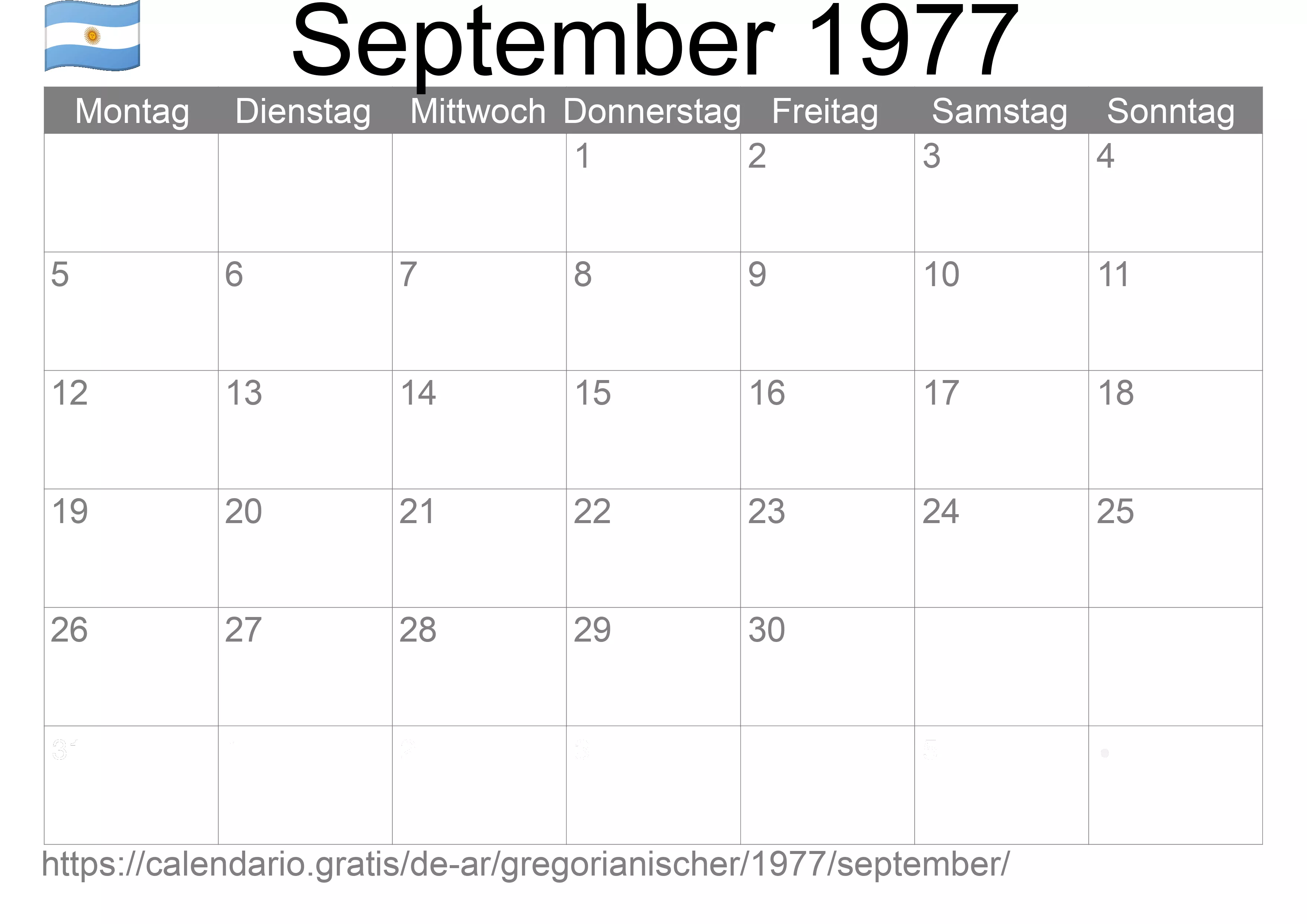 Kalender September 1977 zum Ausdrucken (Argentinien)