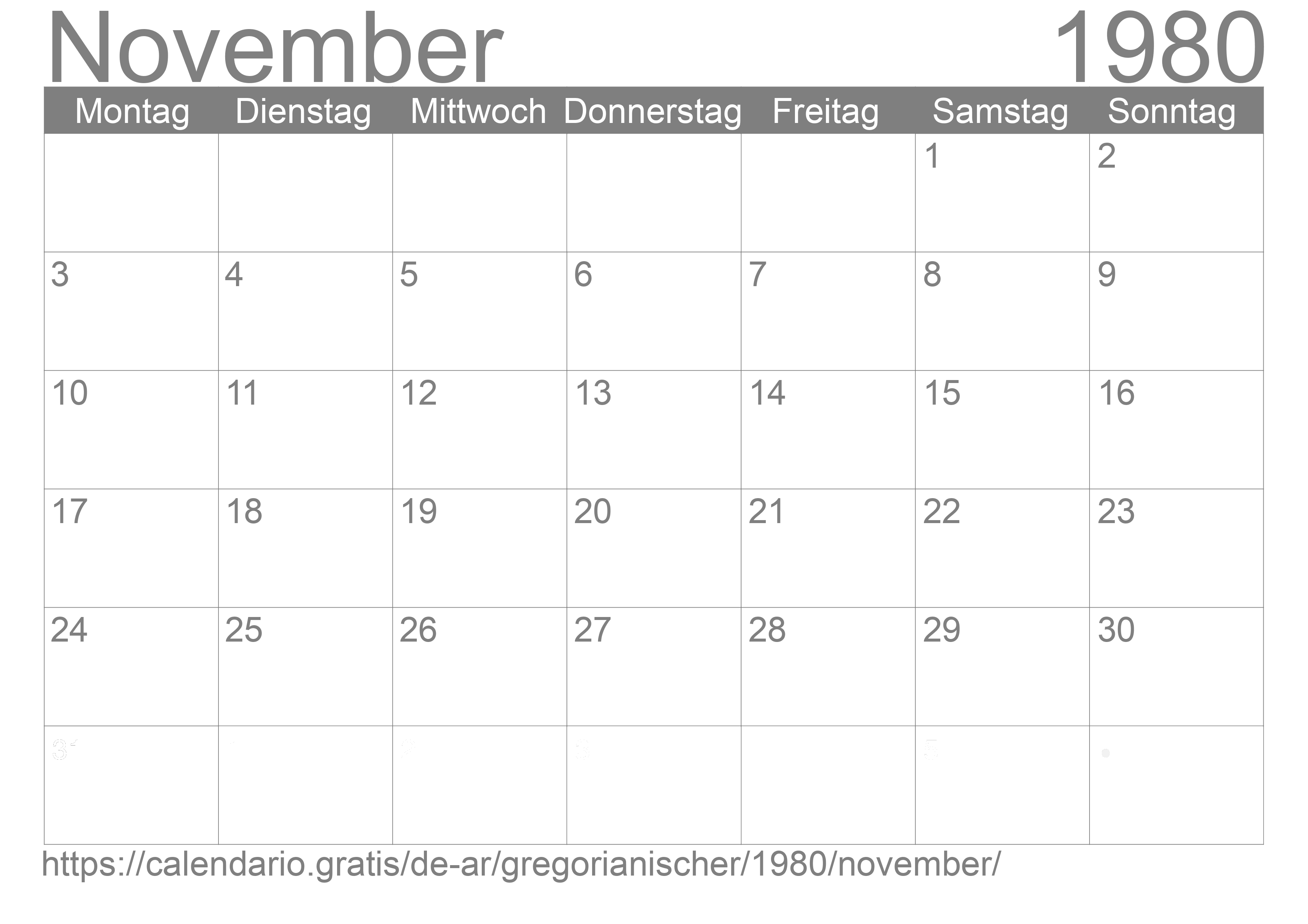 Kalender November 1980 zum Ausdrucken