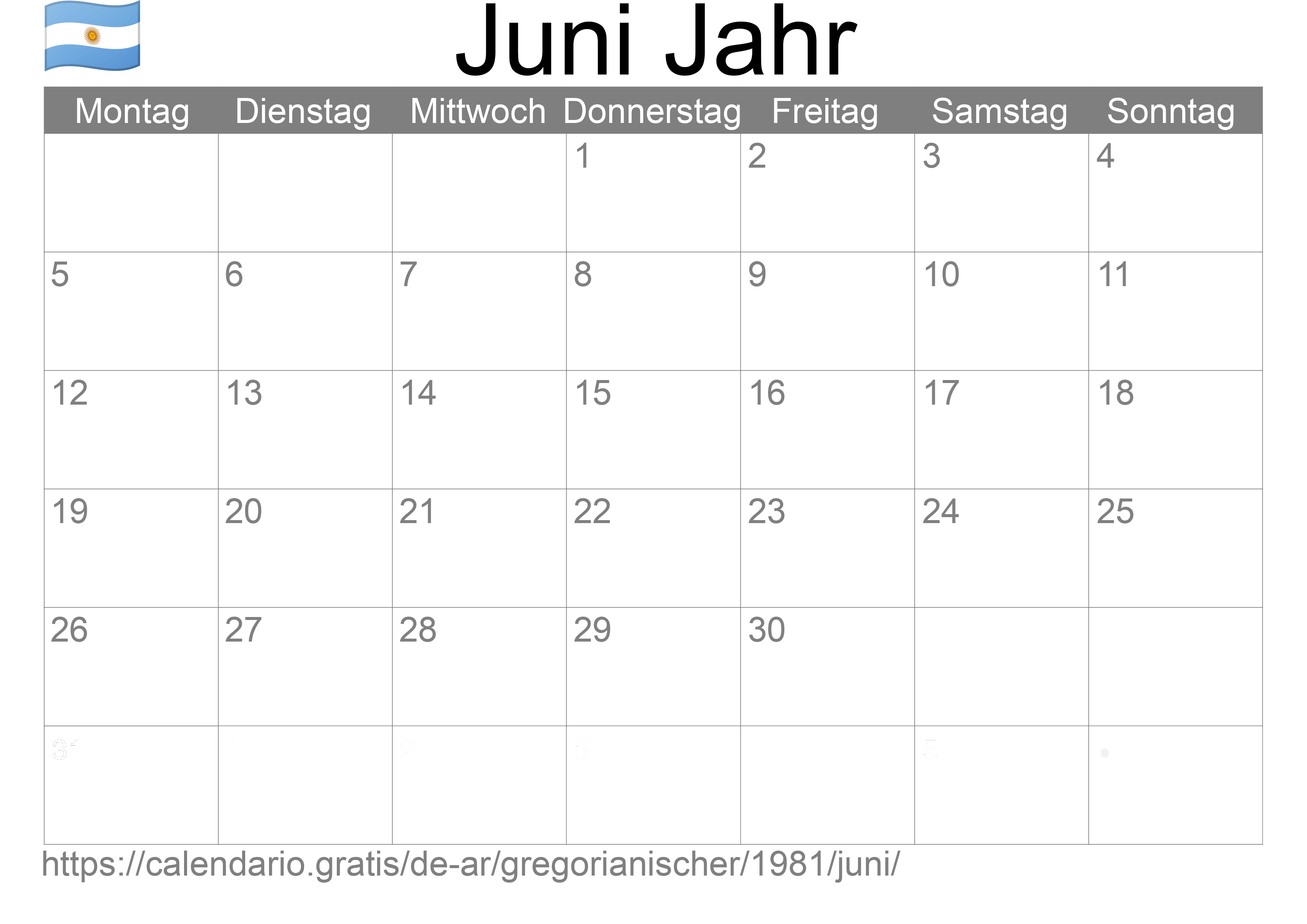 Kalender Juni 1981 zum Ausdrucken