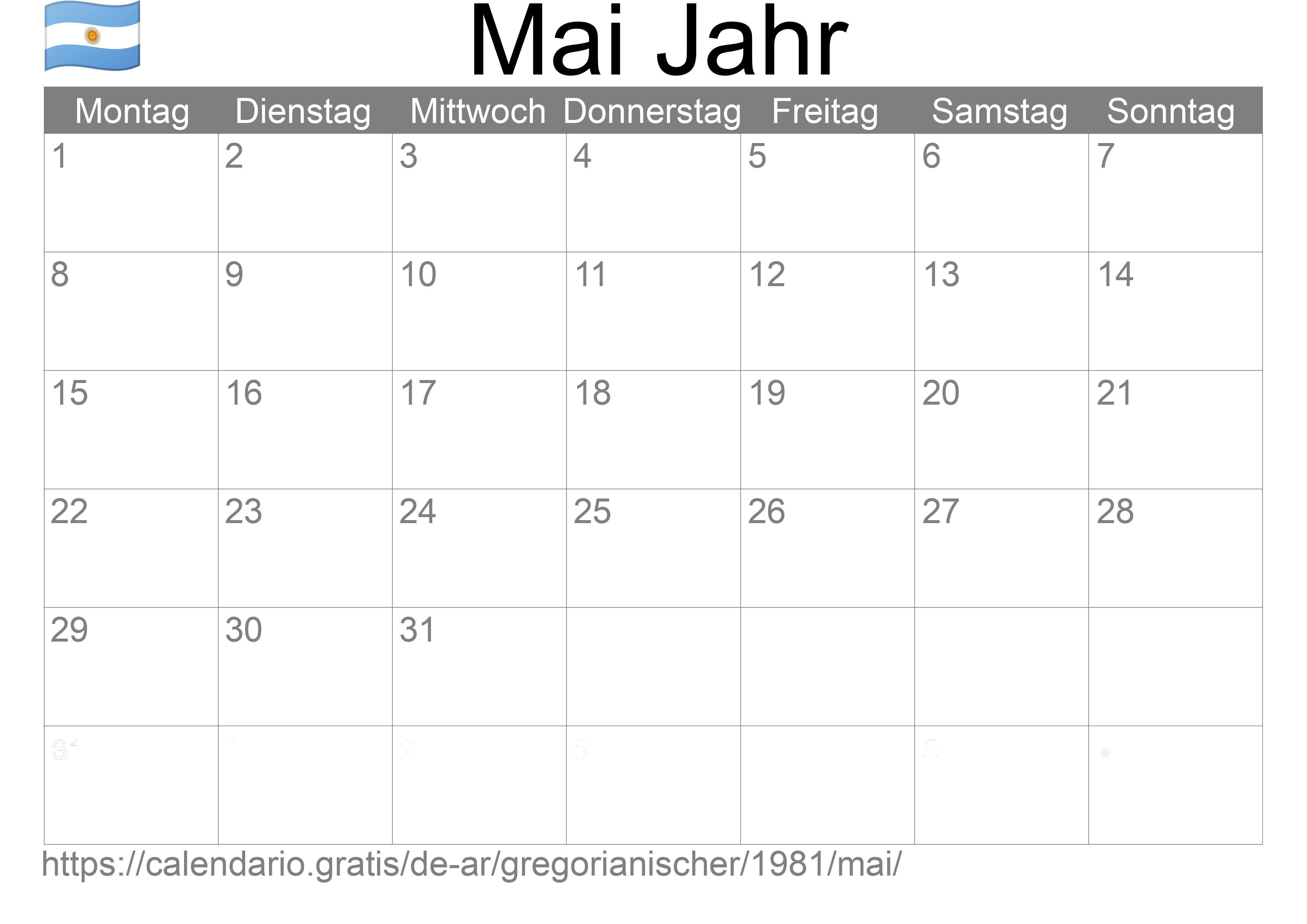 Kalender Mai 1981 zum Ausdrucken