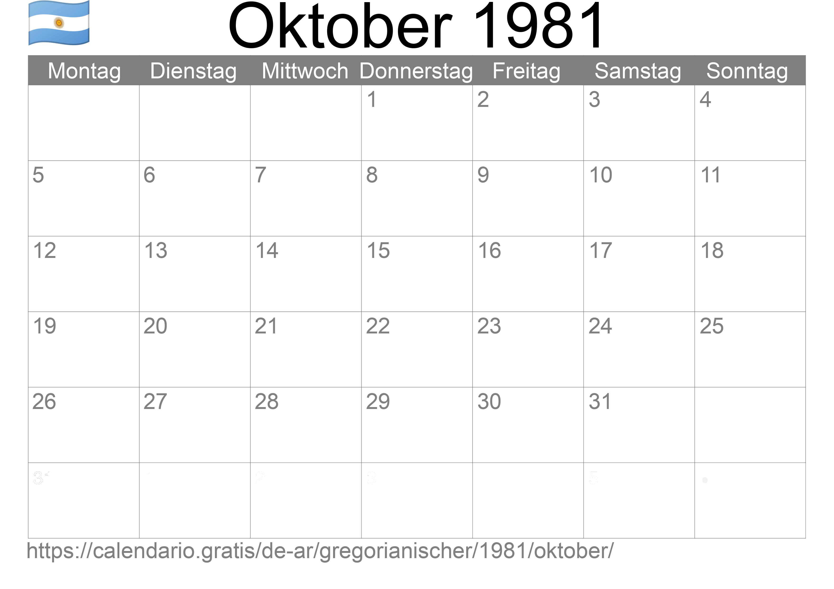 Kalender Oktober 1981 zum Ausdrucken