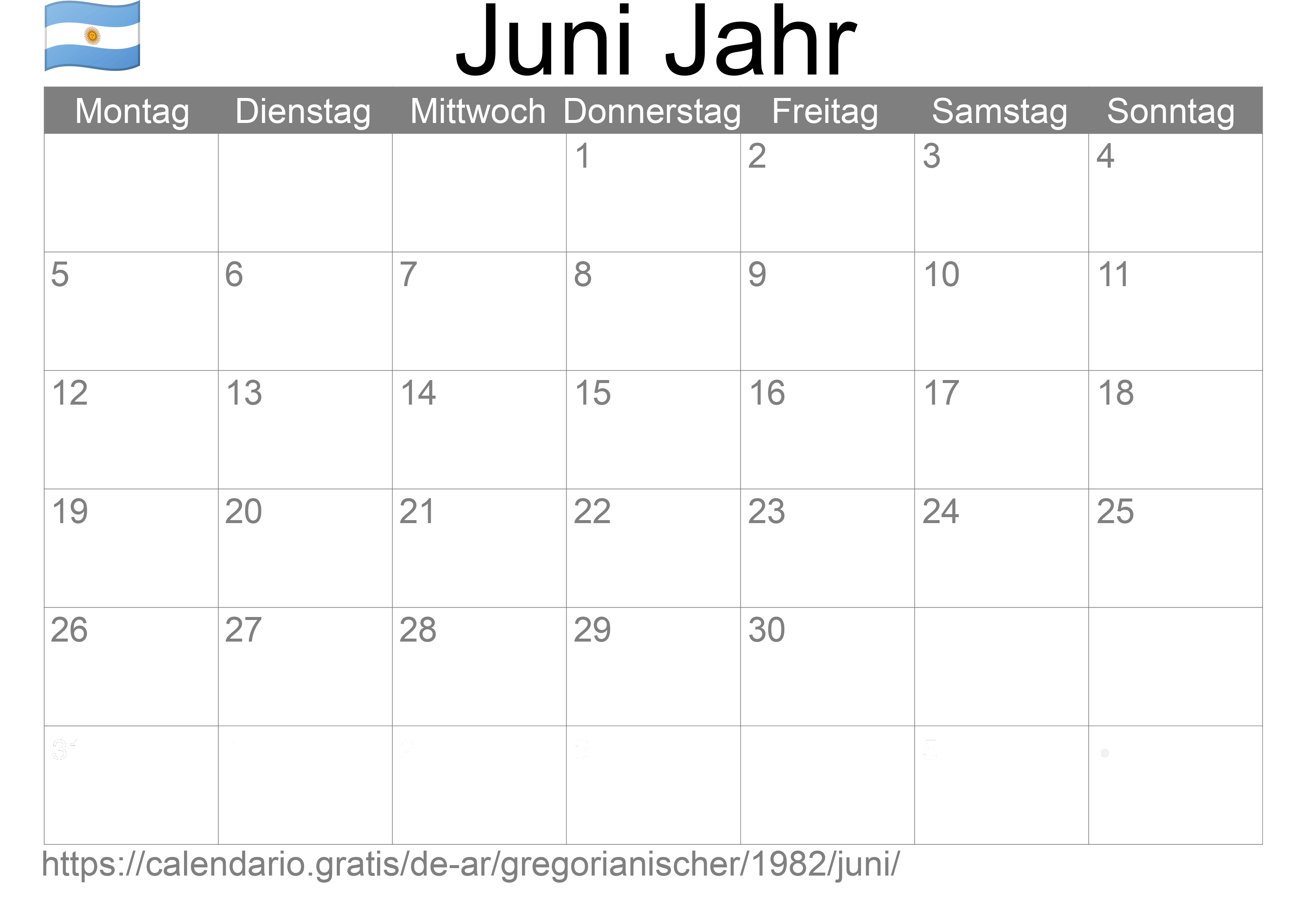 Kalender Juni 1982 zum Ausdrucken