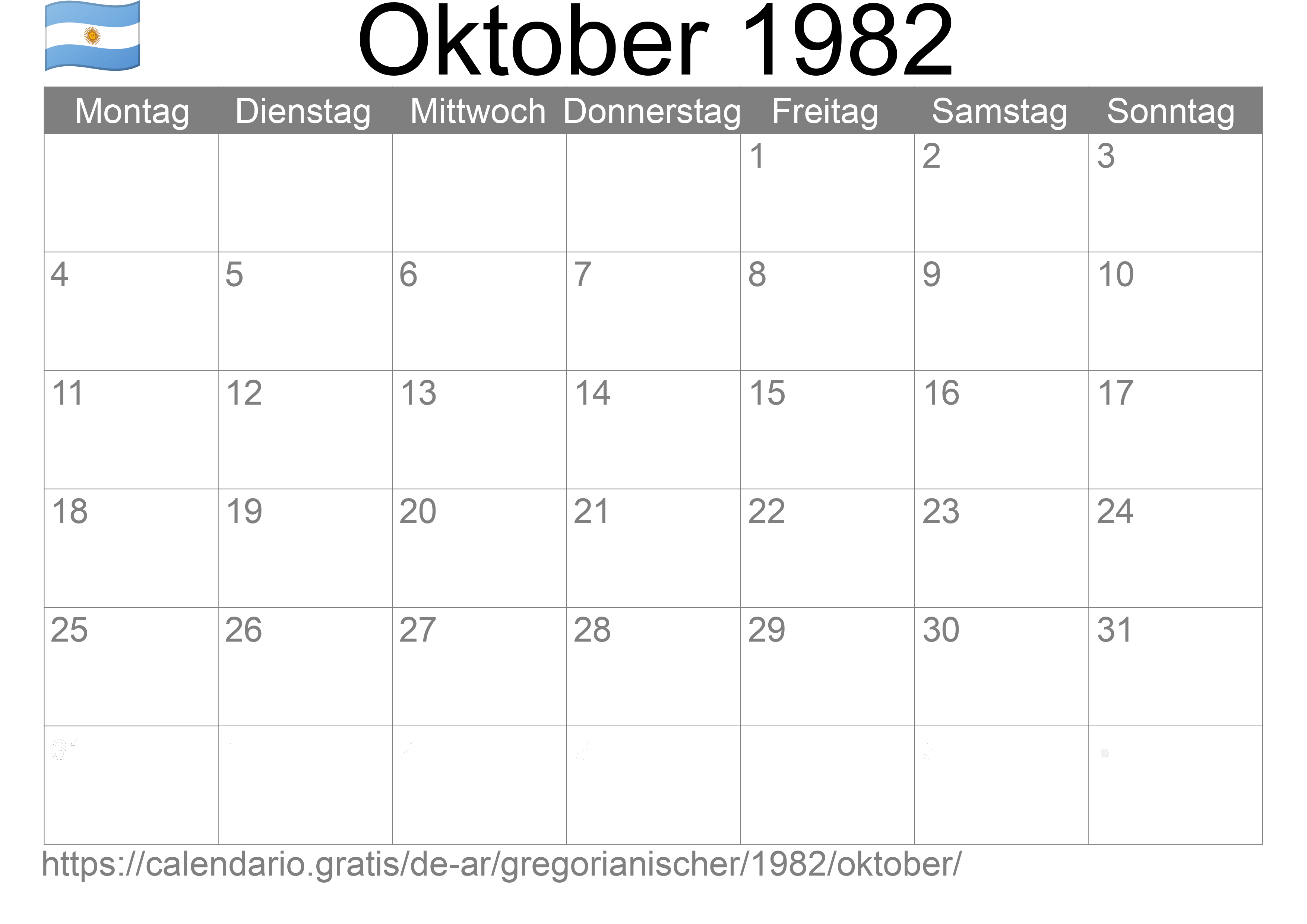 Kalender Oktober 1982 zum Ausdrucken