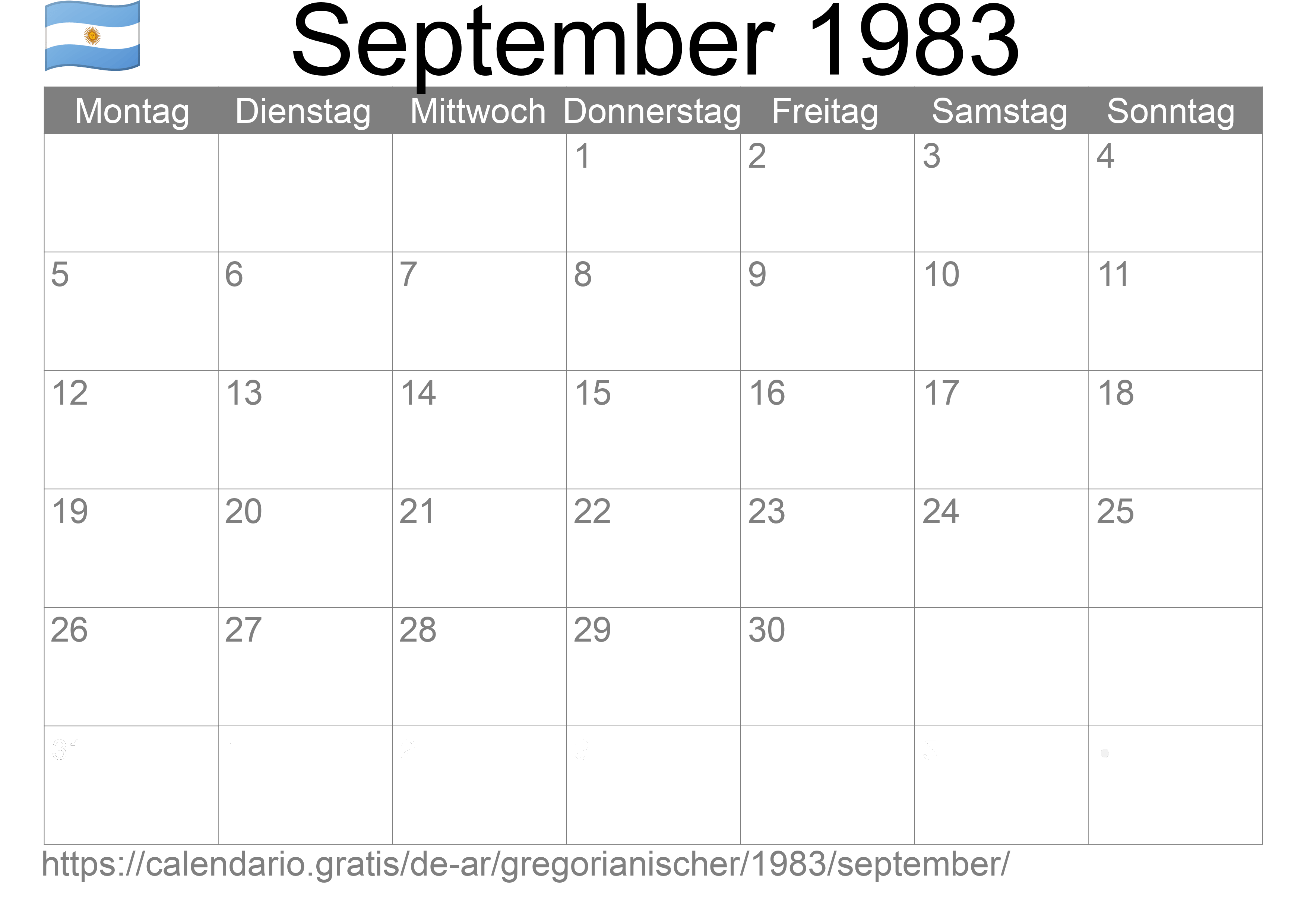 Kalender September 1983 zum Ausdrucken