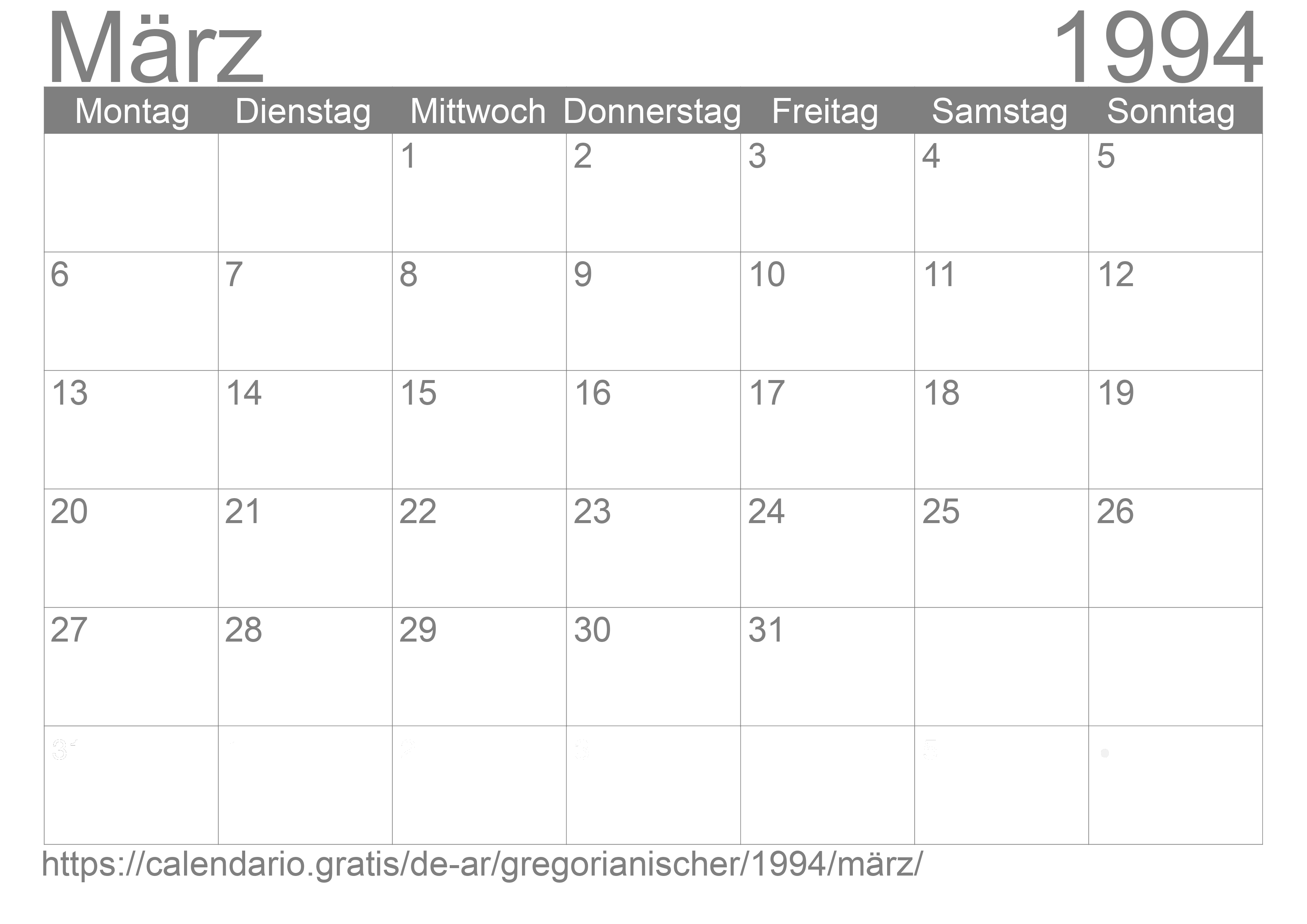 Kalender März 1994 zum Ausdrucken