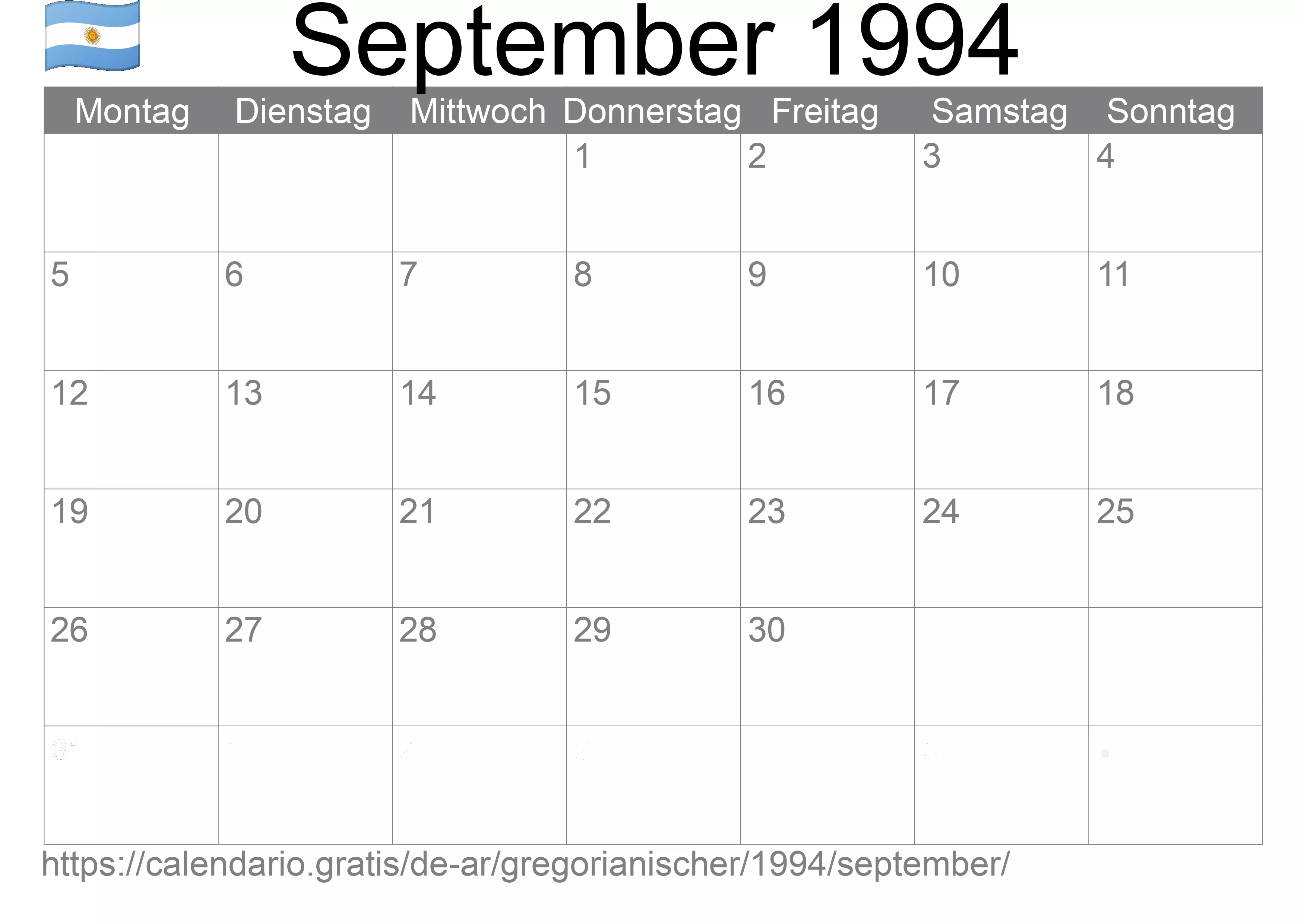 Kalender September 1994 zum Ausdrucken (Argentinien)