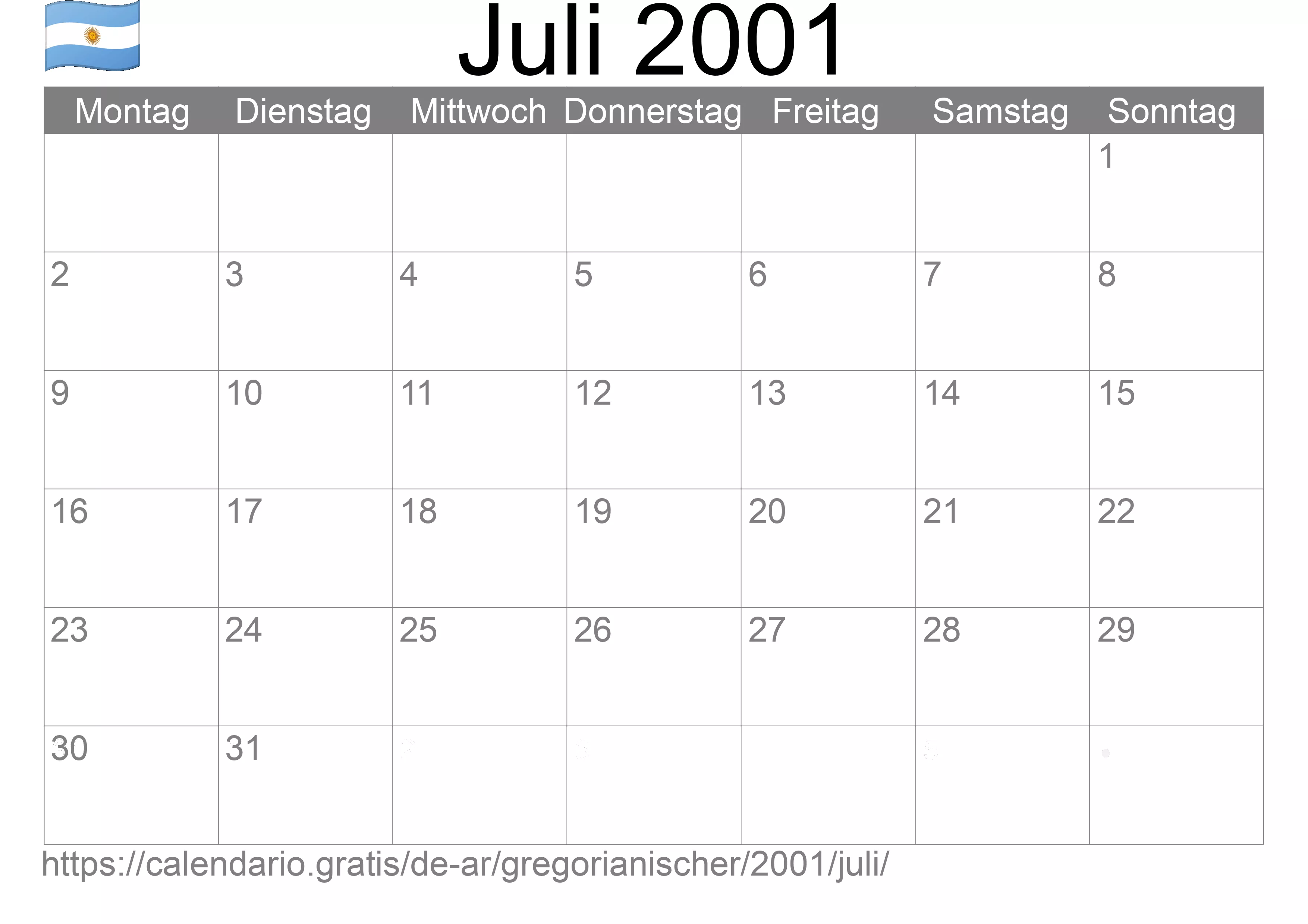 Kalender Juli 2001 zum Ausdrucken (Argentinien)