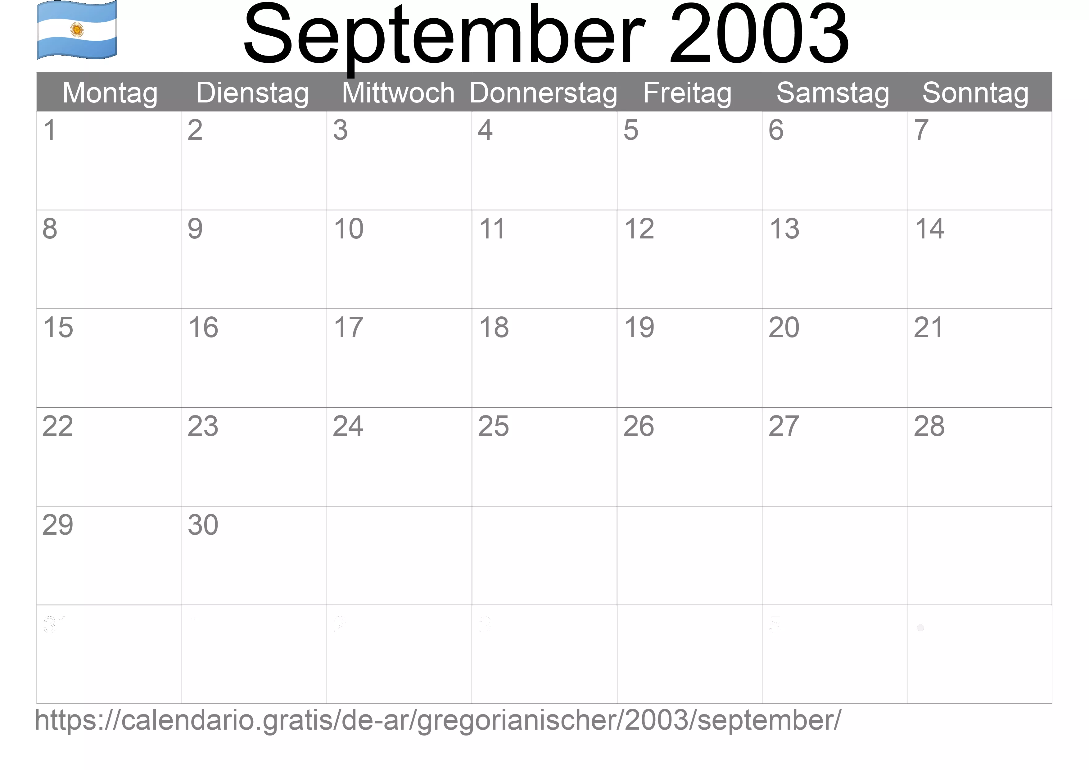 Kalender September 2003 zum Ausdrucken (Argentinien)