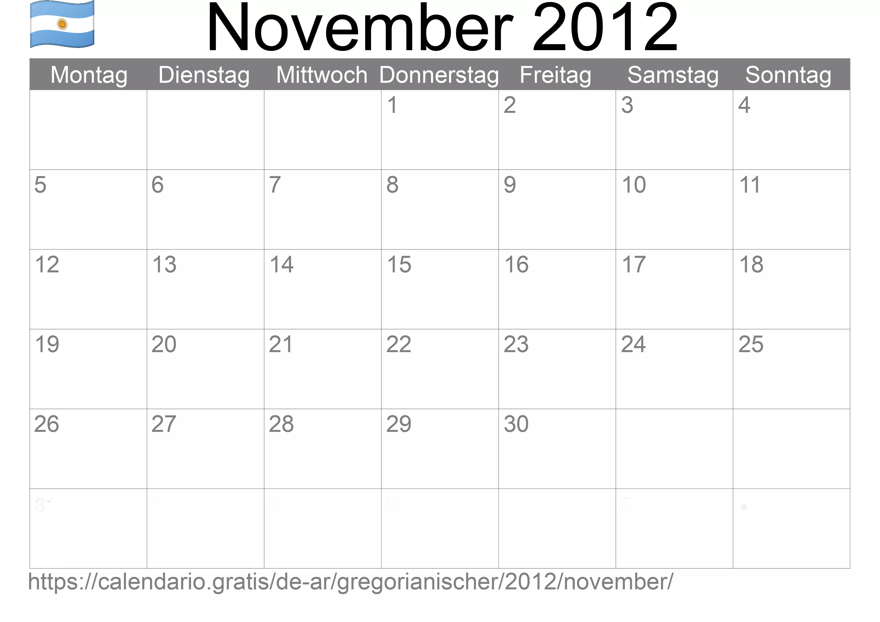 Kalender November 2012 zum Ausdrucken (Argentinien)