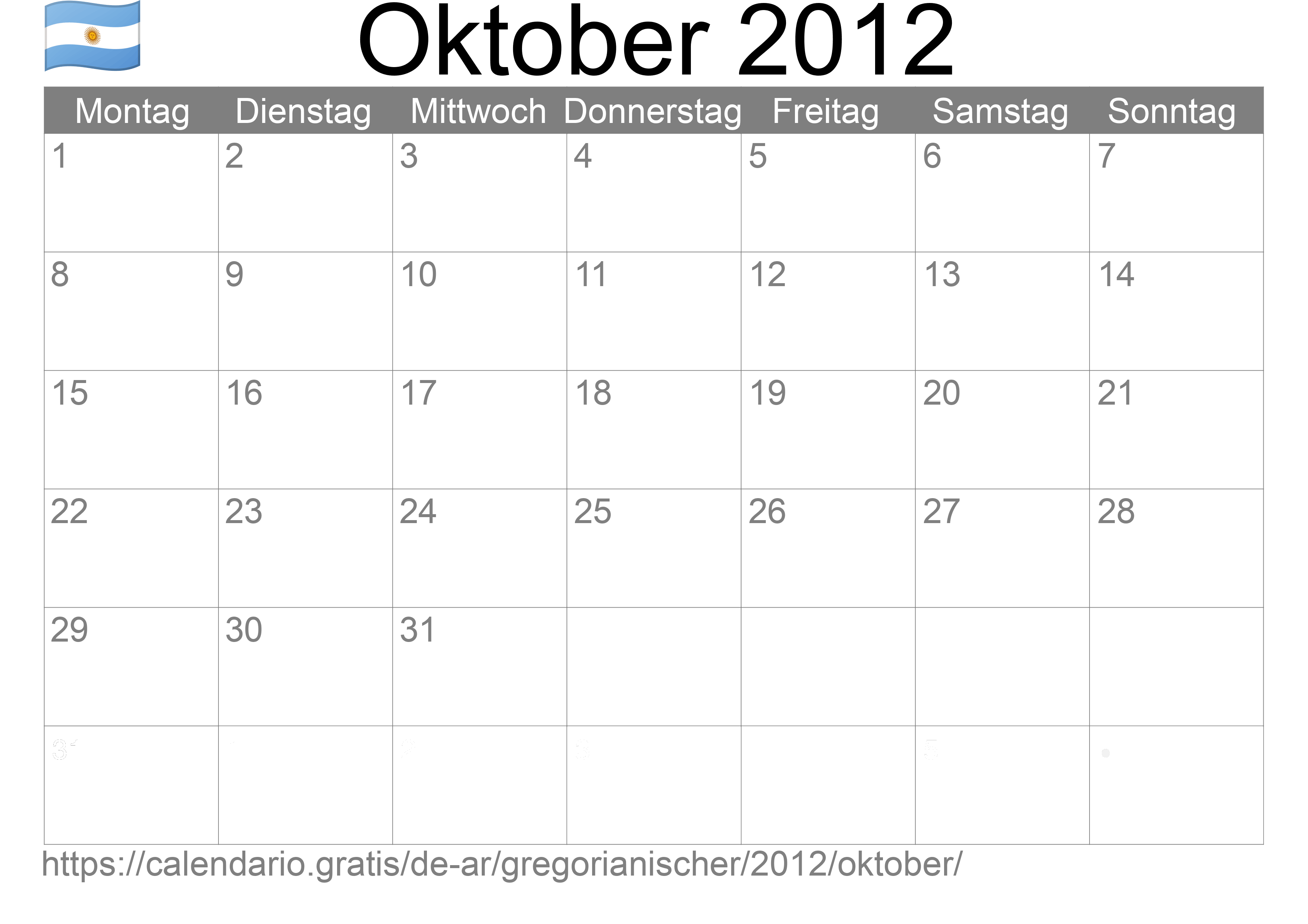 Kalender Oktober 2012 zum Ausdrucken