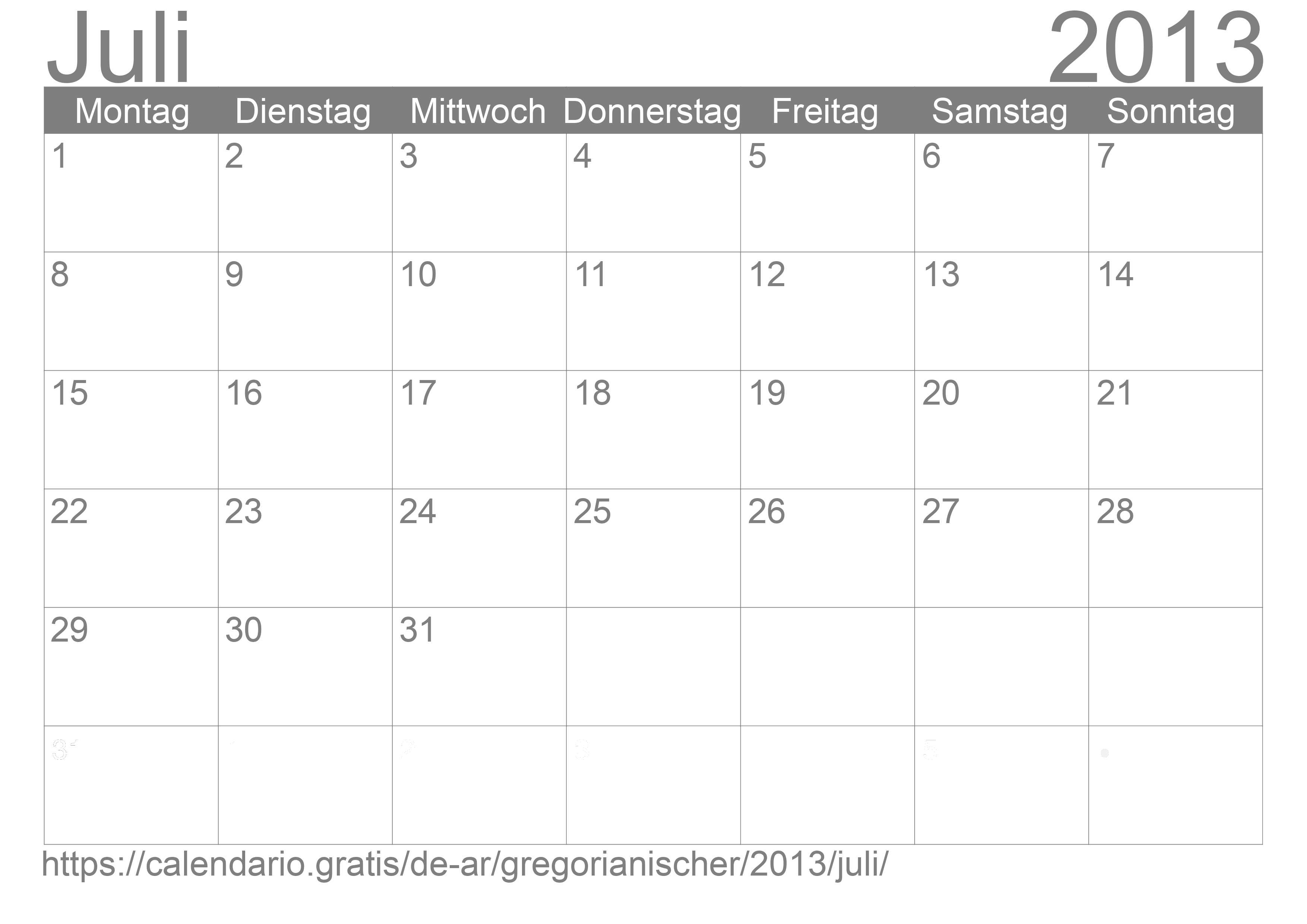 Kalender Juli 2013 zum Ausdrucken