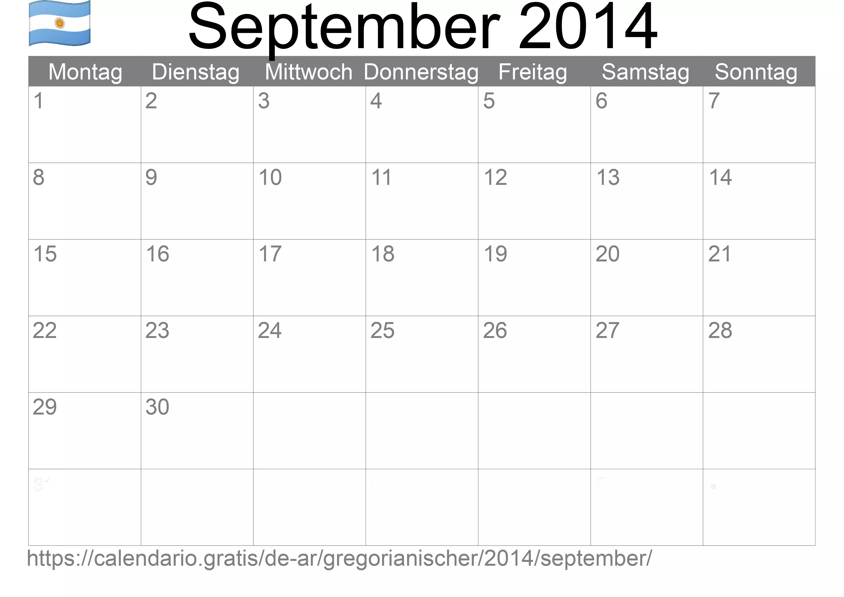 Kalender September 2014 zum Ausdrucken (Argentinien)