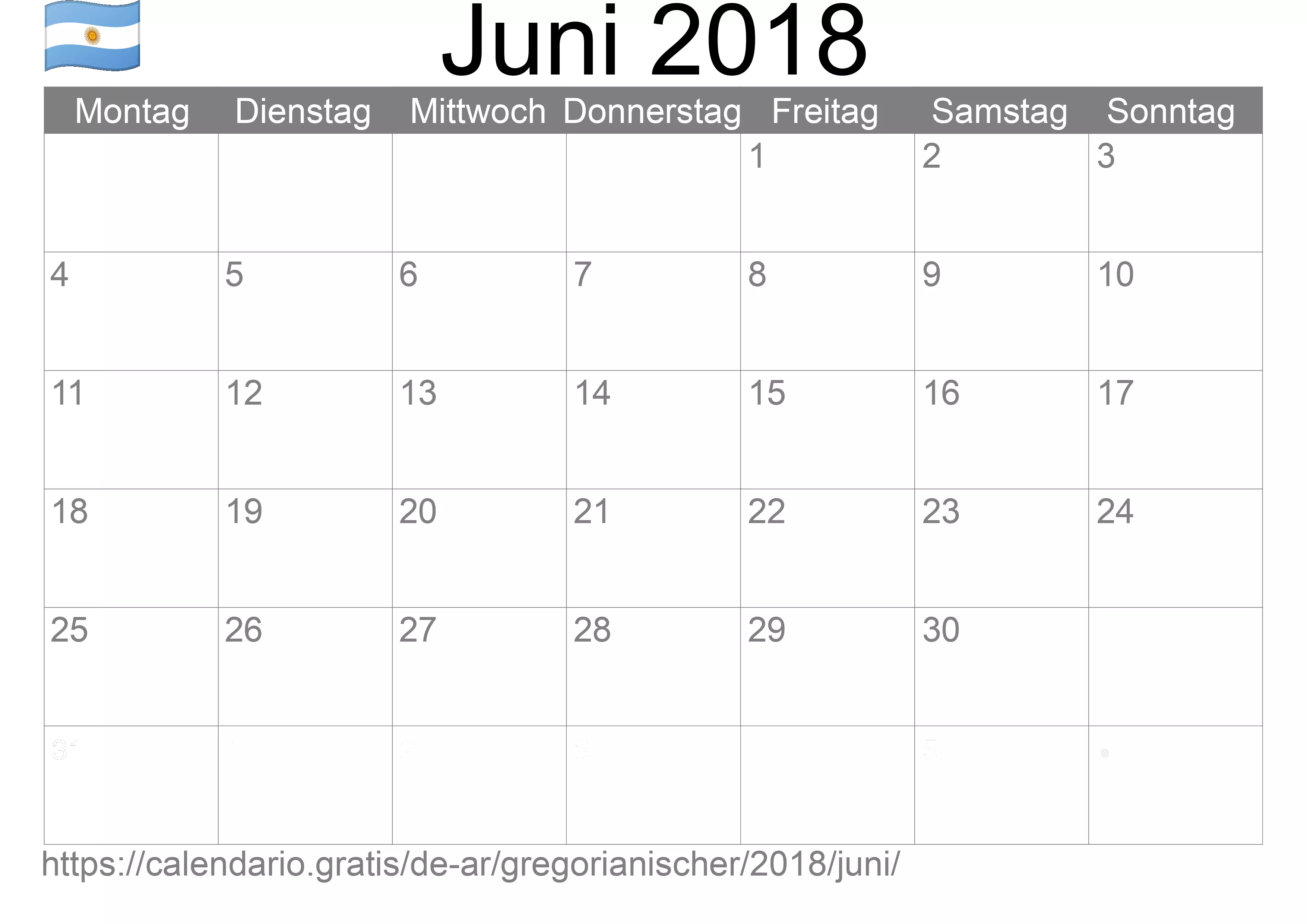 Kalender Juni 2018 zum Ausdrucken (Argentinien)