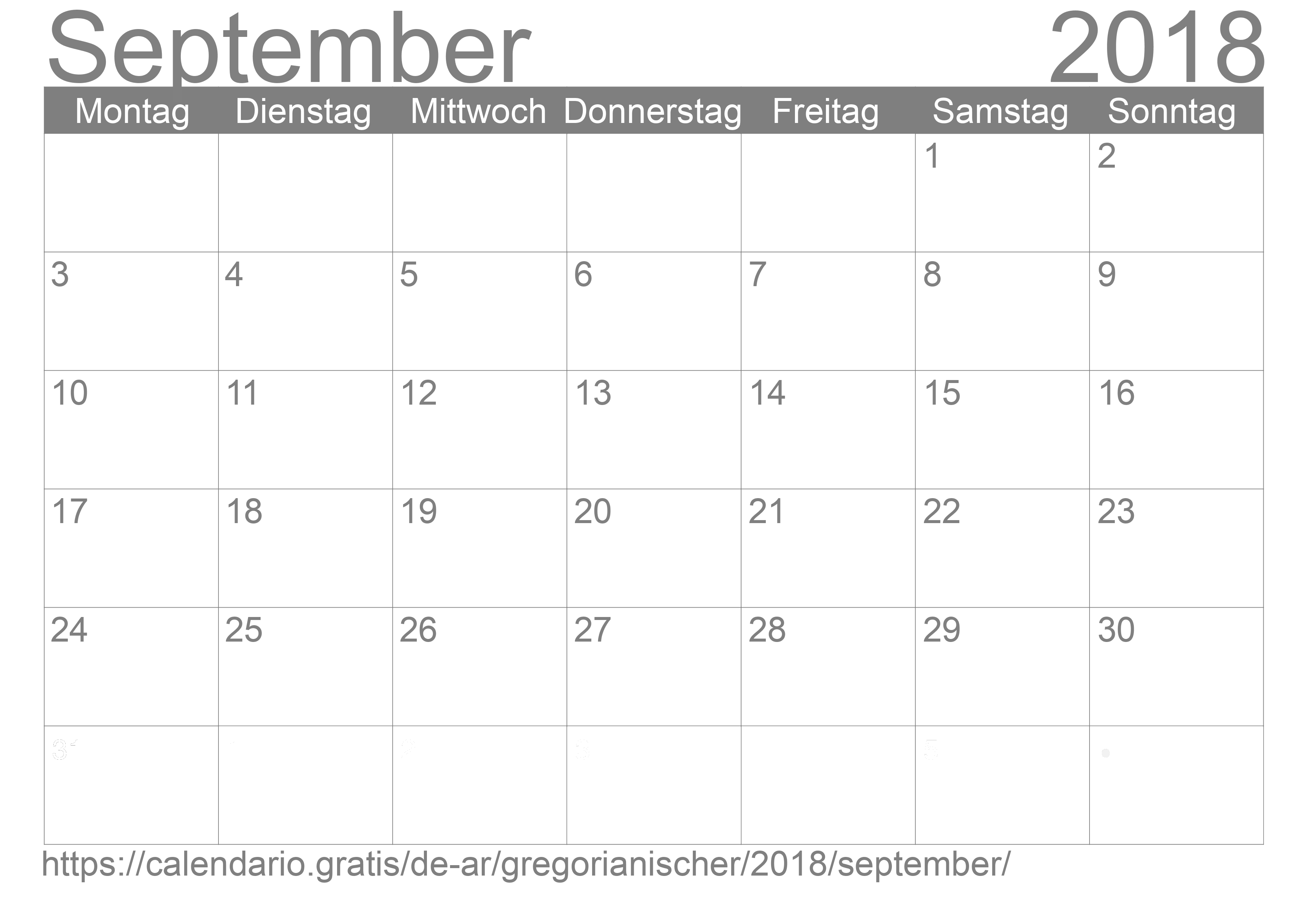 Kalender September 2018 zum Ausdrucken