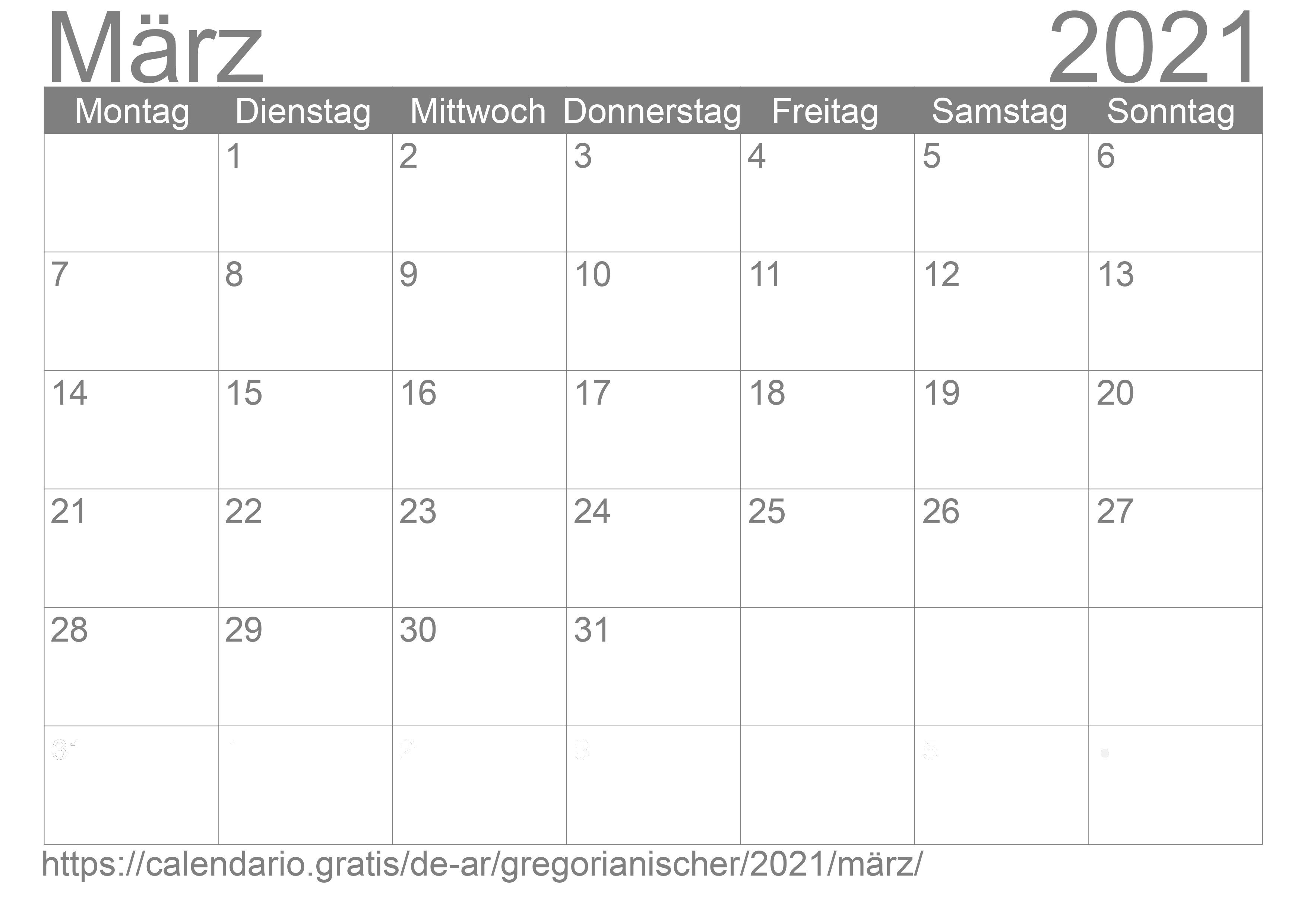 Kalender März 2021 zum Ausdrucken