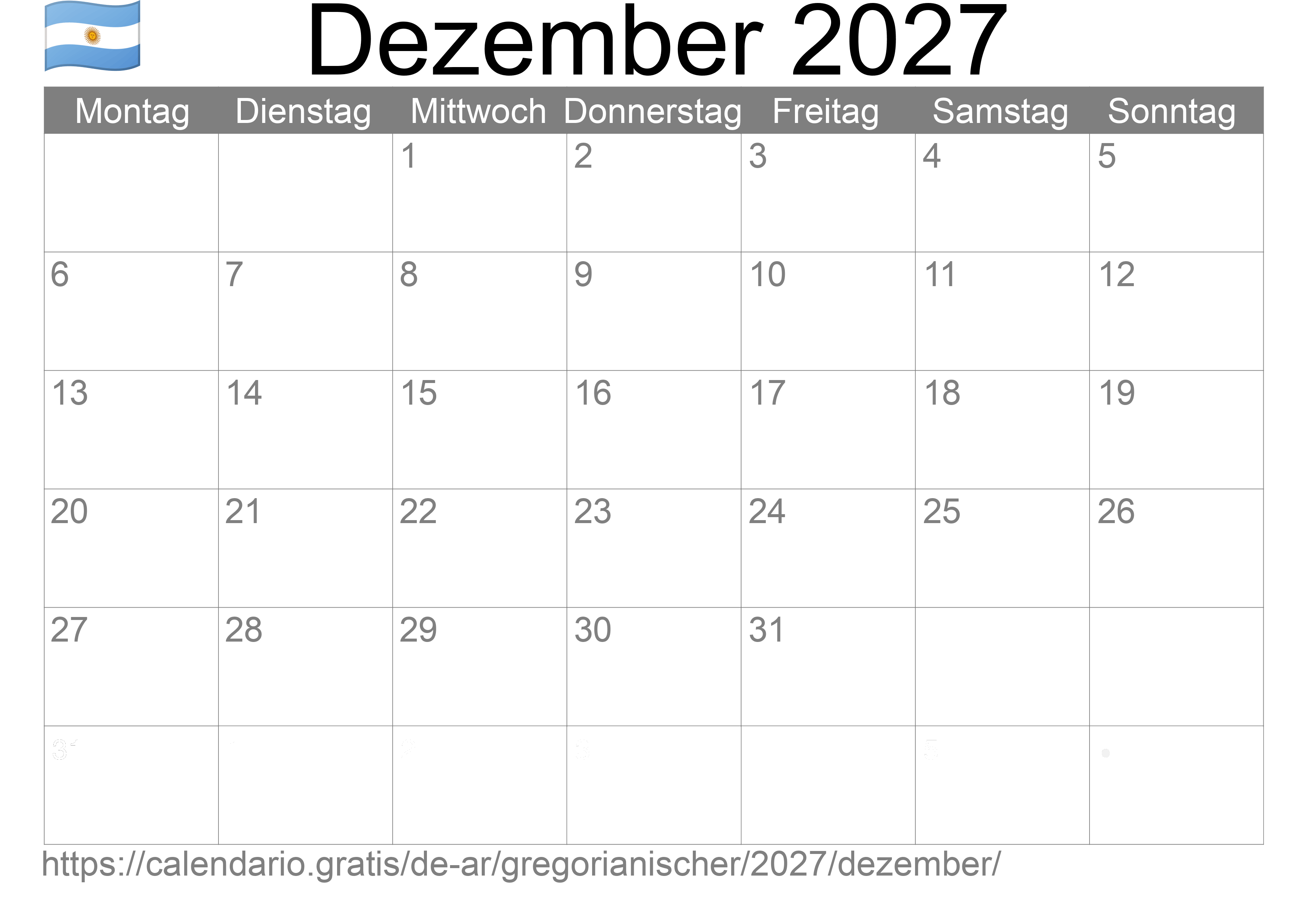 Kalender Dezember 2027 zum Ausdrucken