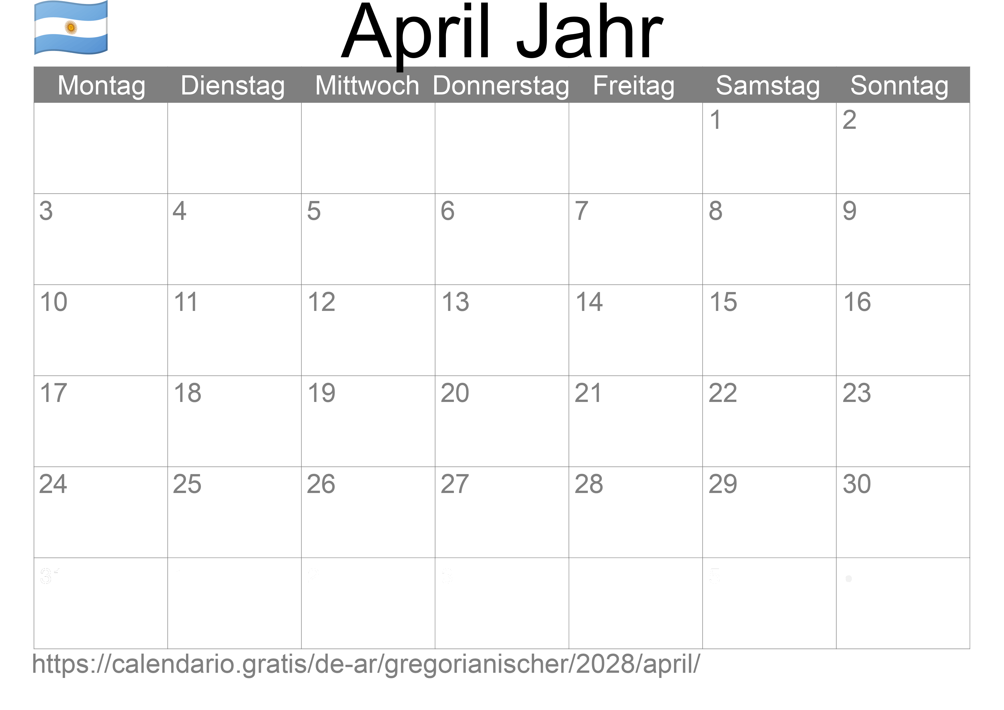 Kalender April 2028 zum Ausdrucken