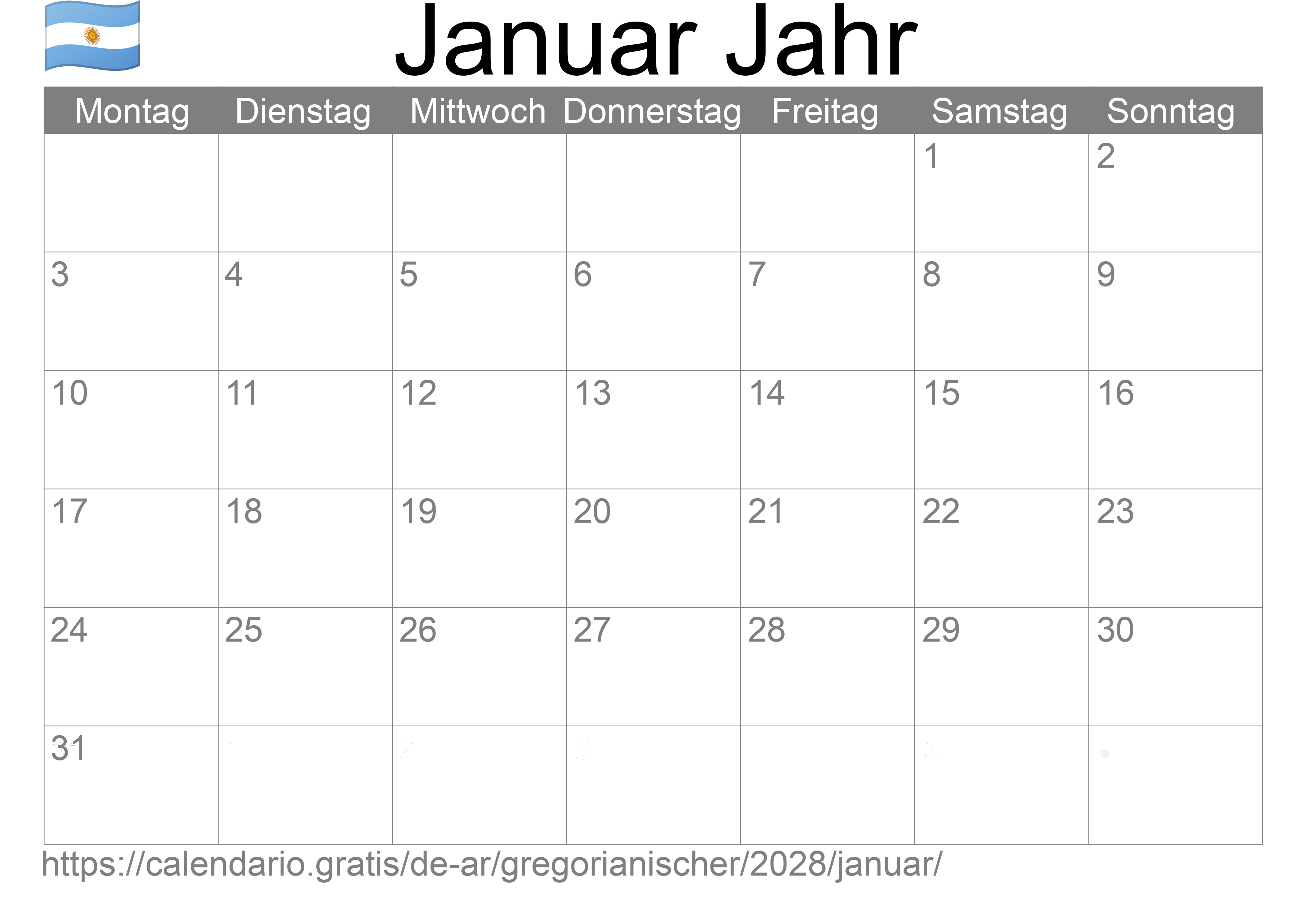 Kalender Januar 2028 zum Ausdrucken