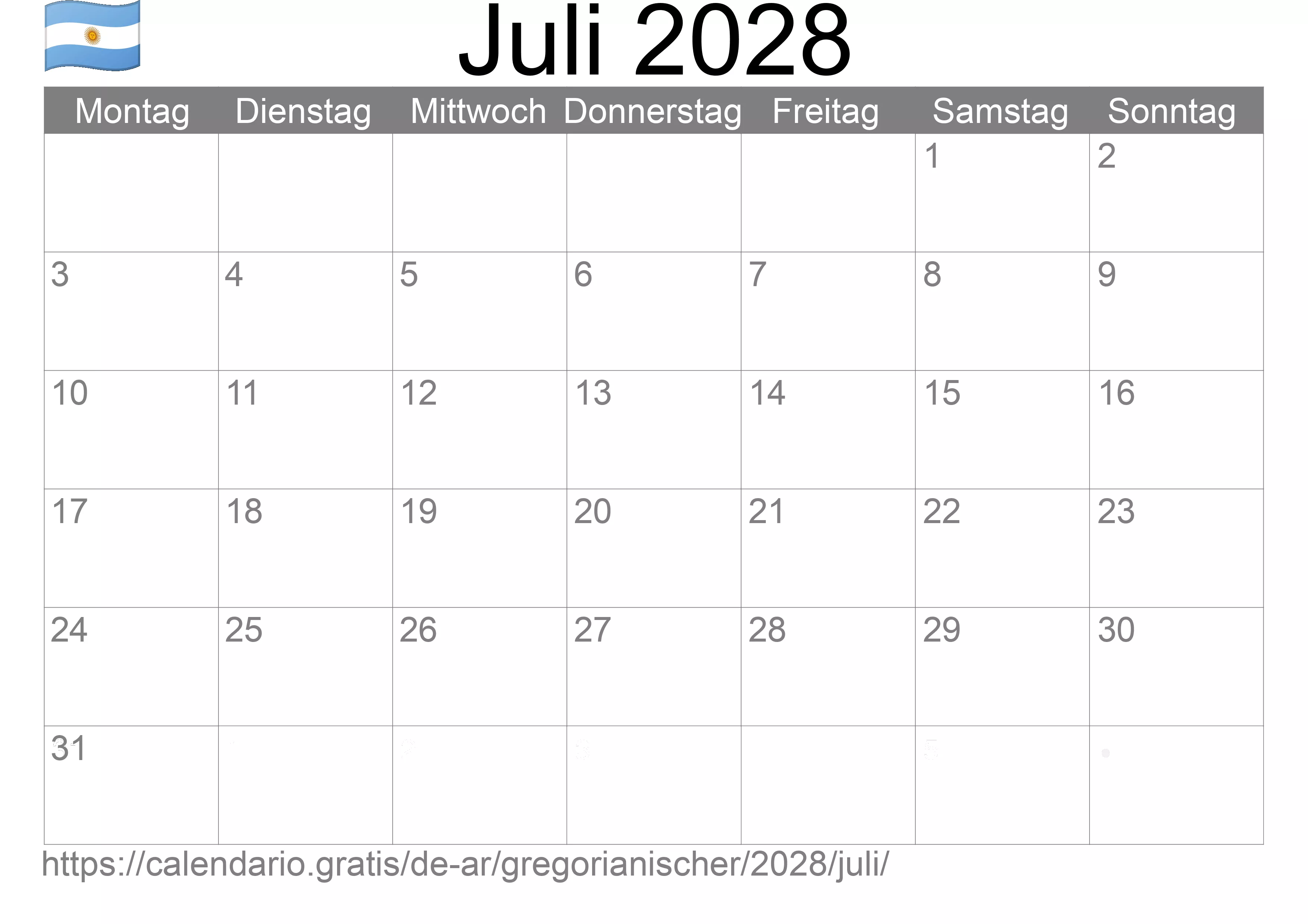 Kalender Juli 2028 zum Ausdrucken (Argentinien)