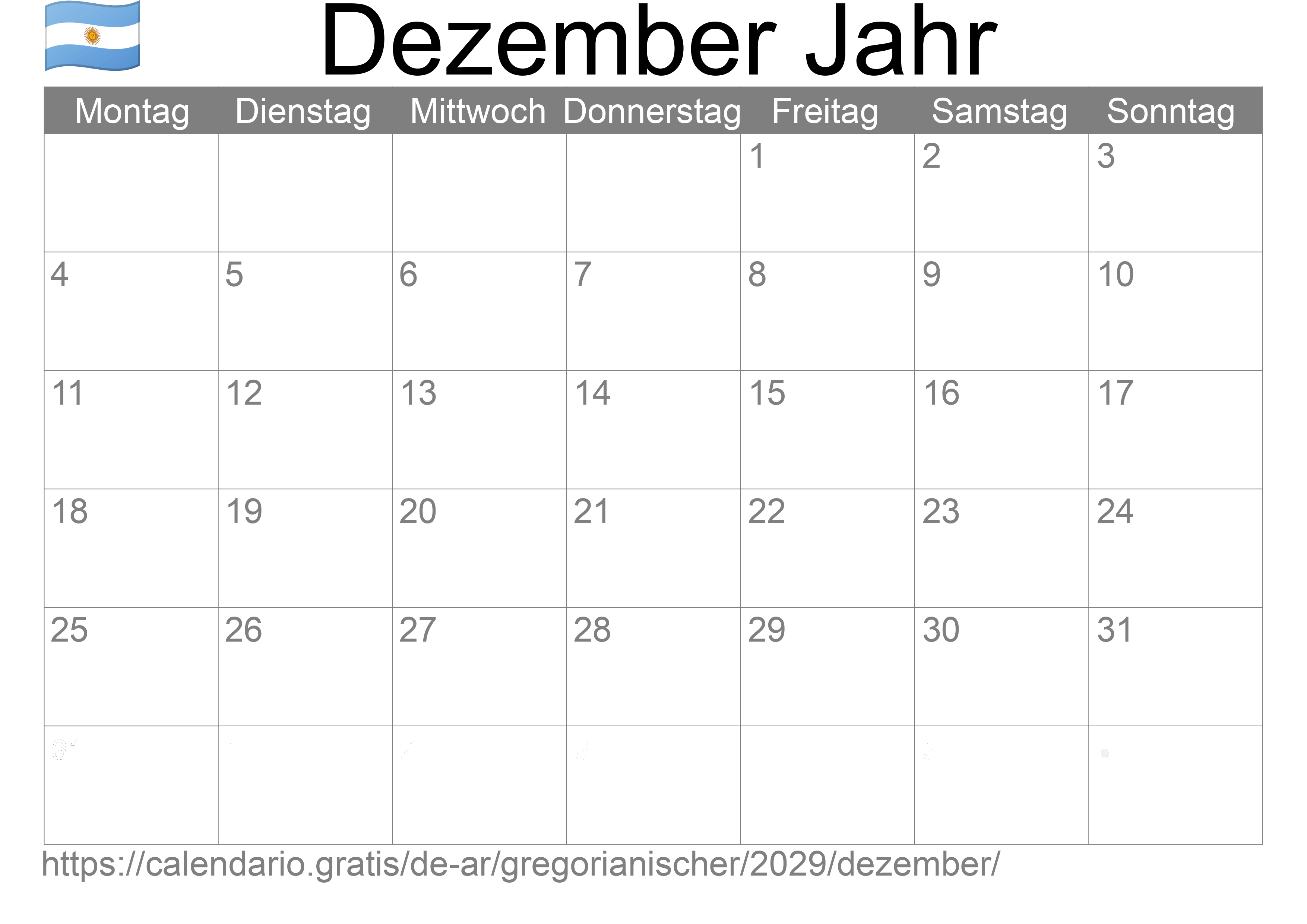 Kalender Dezember 2029 zum Ausdrucken