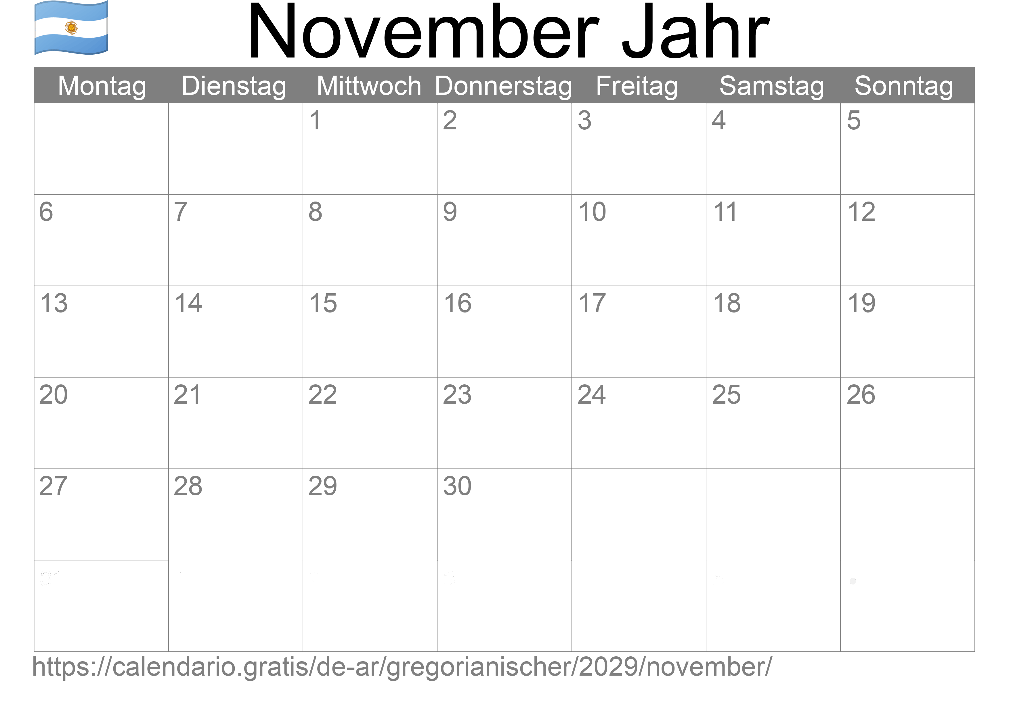 Kalender November 2029 zum Ausdrucken