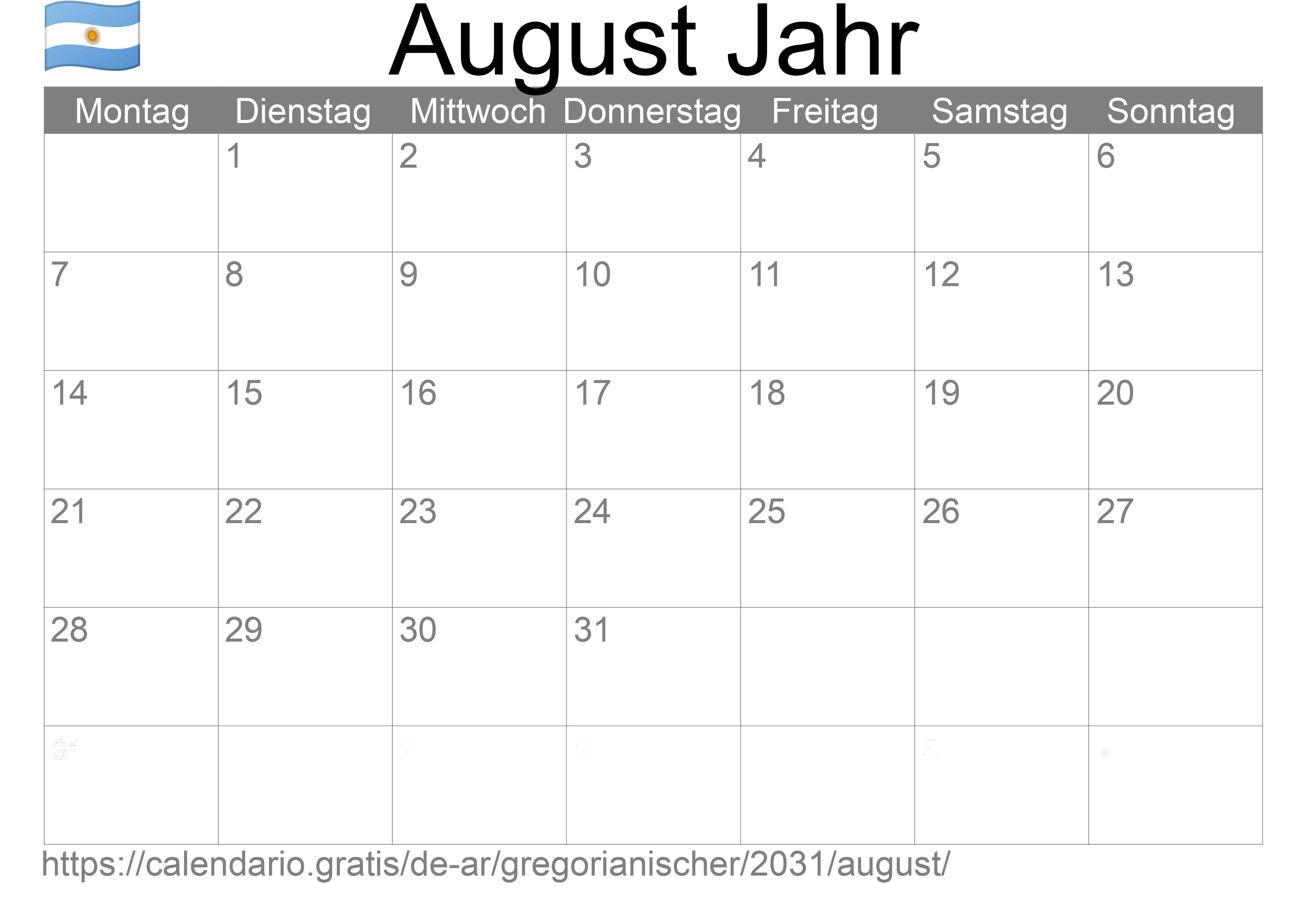 Kalender August 2031 zum Ausdrucken