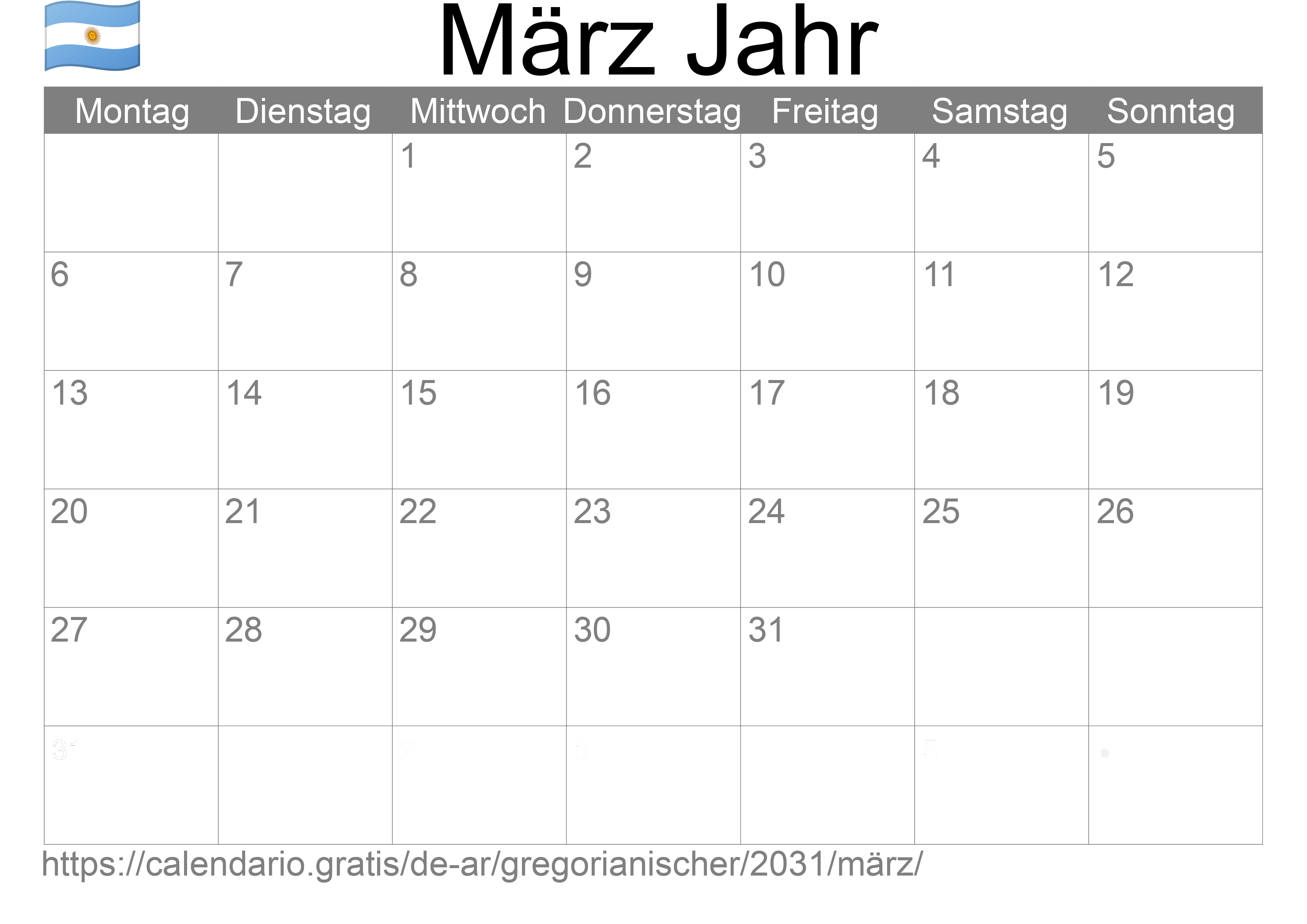 Kalender März 2031 zum Ausdrucken