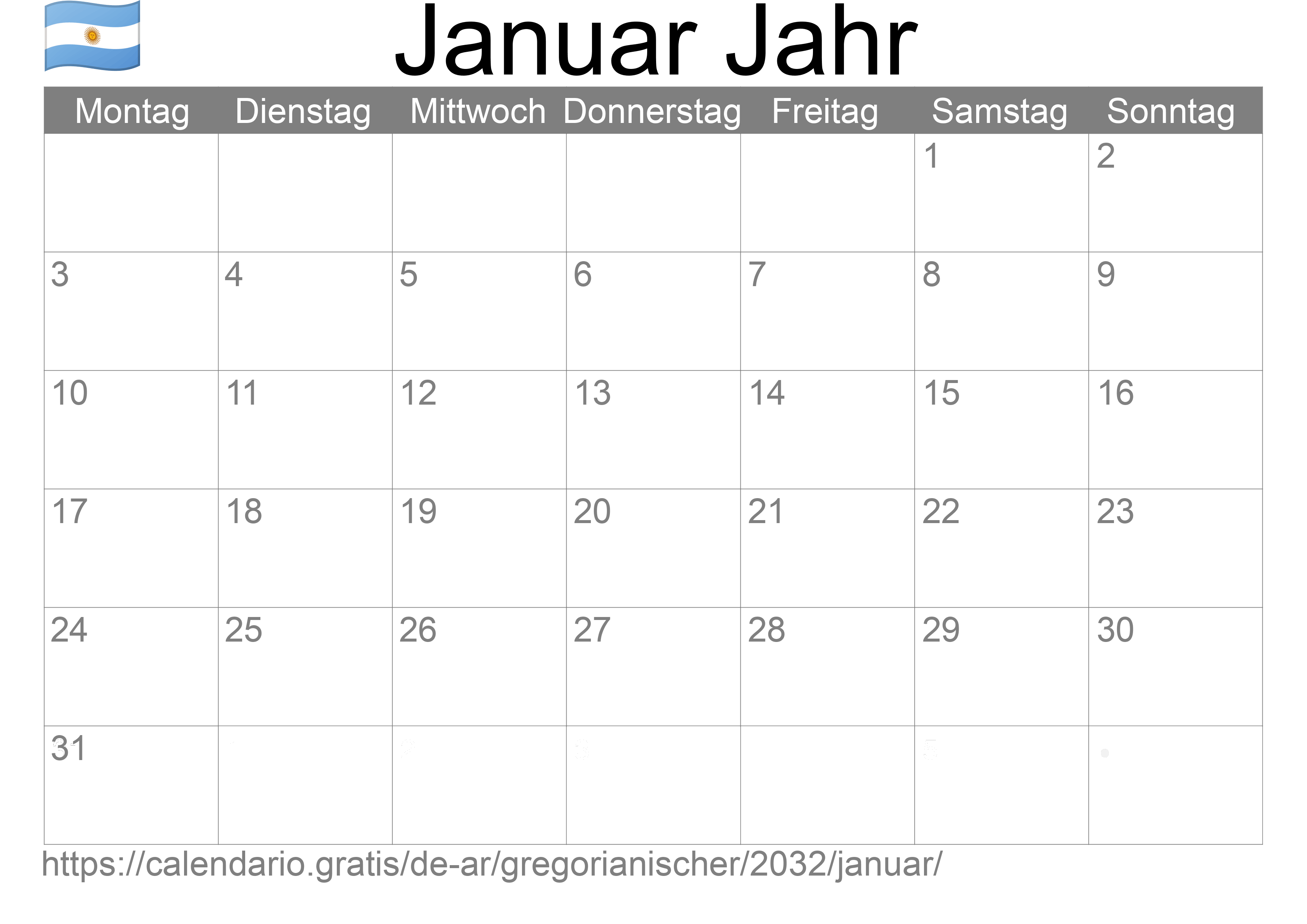 Kalender Januar 2032 zum Ausdrucken