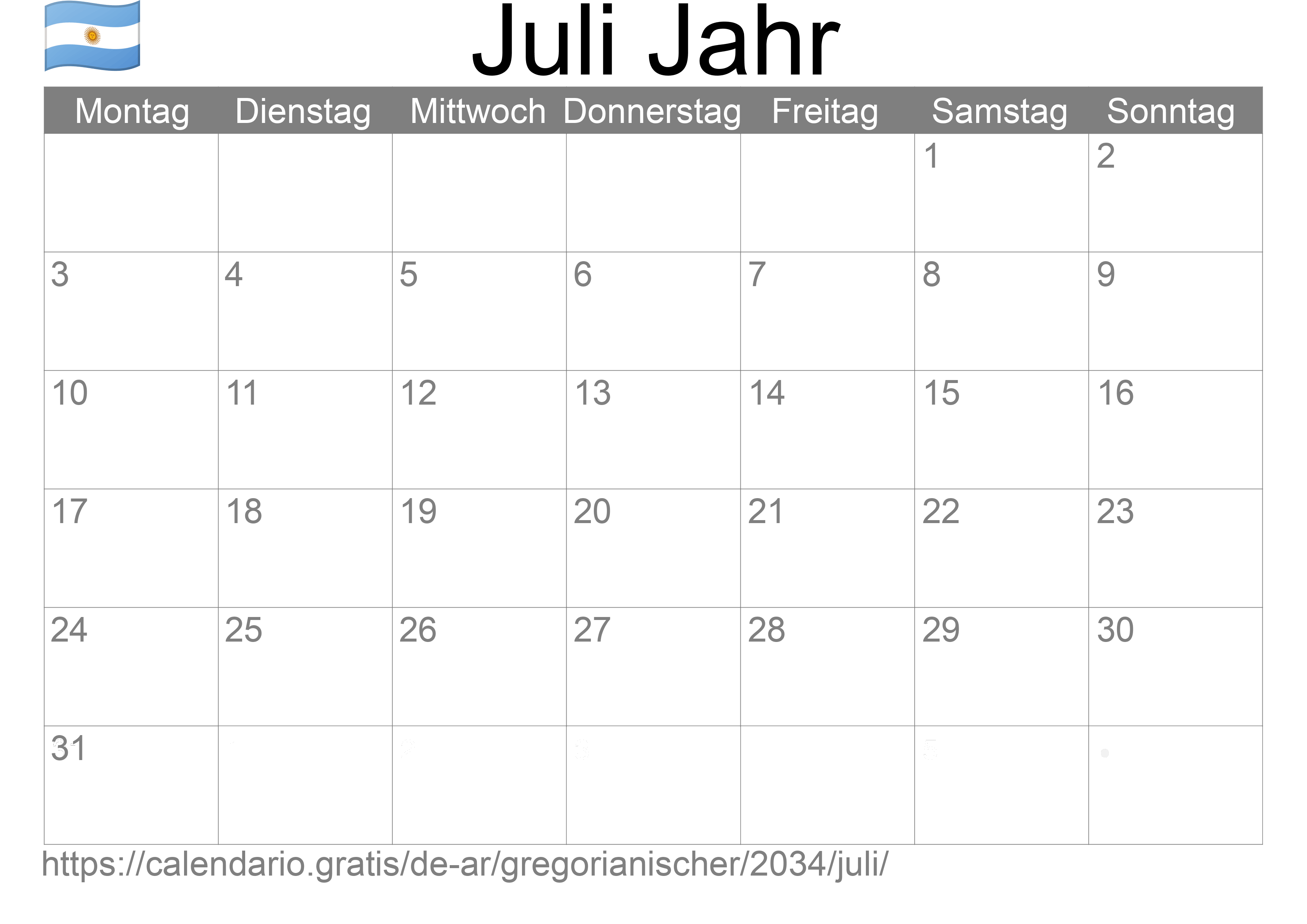 Kalender Juli 2034 zum Ausdrucken