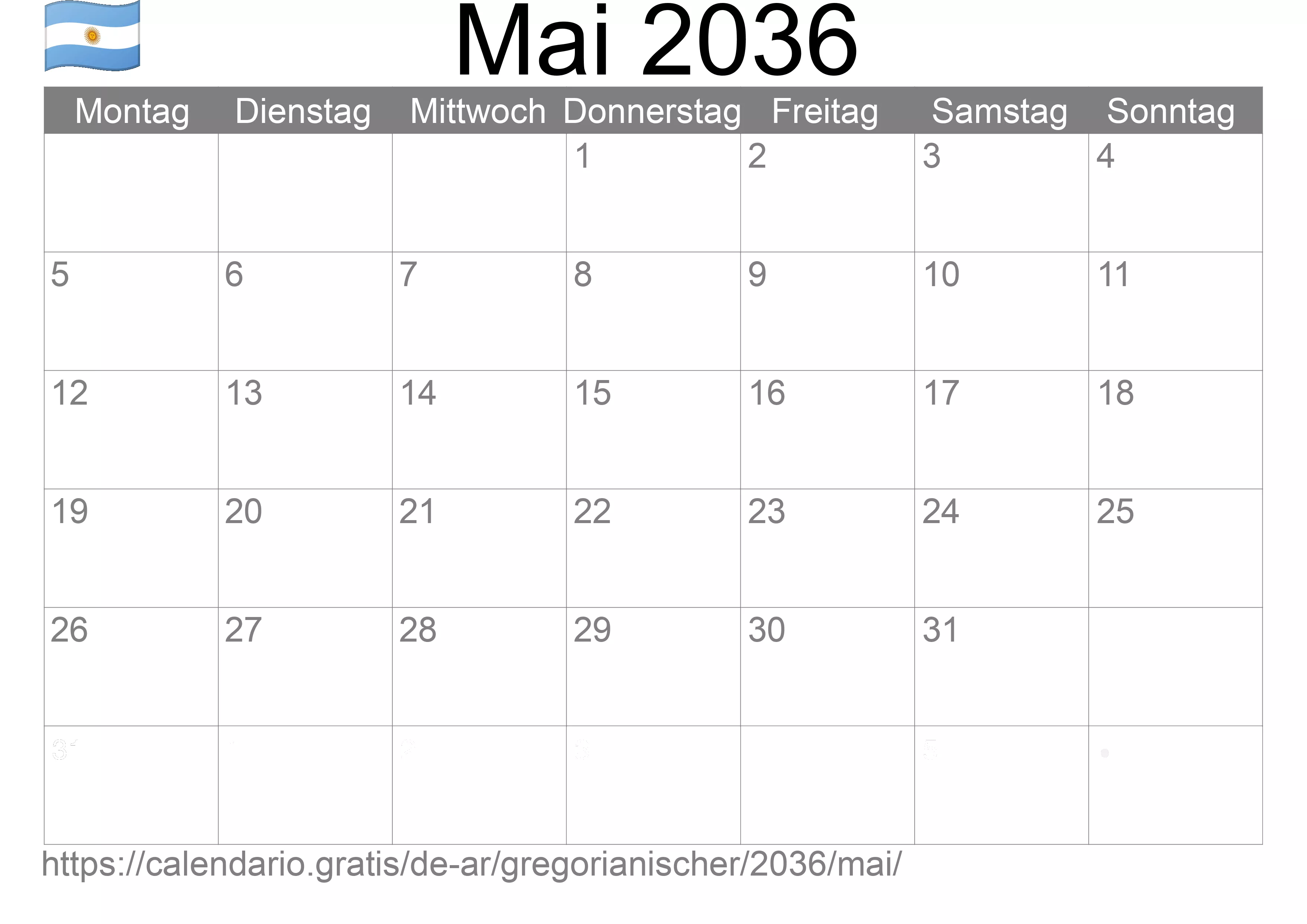 Kalender Mai 2036 zum Ausdrucken (Argentinien)