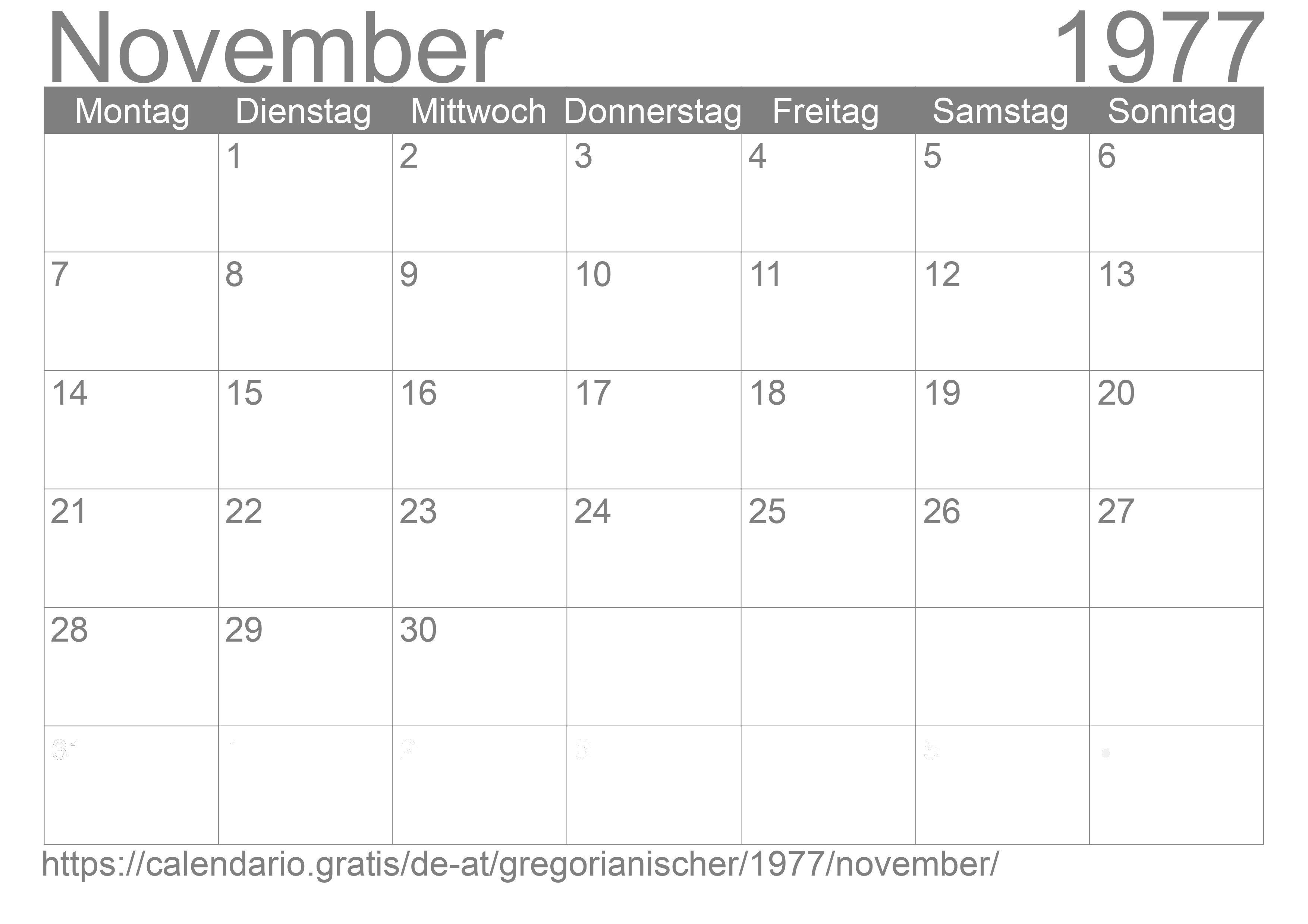 Kalender November 1977 zum Ausdrucken