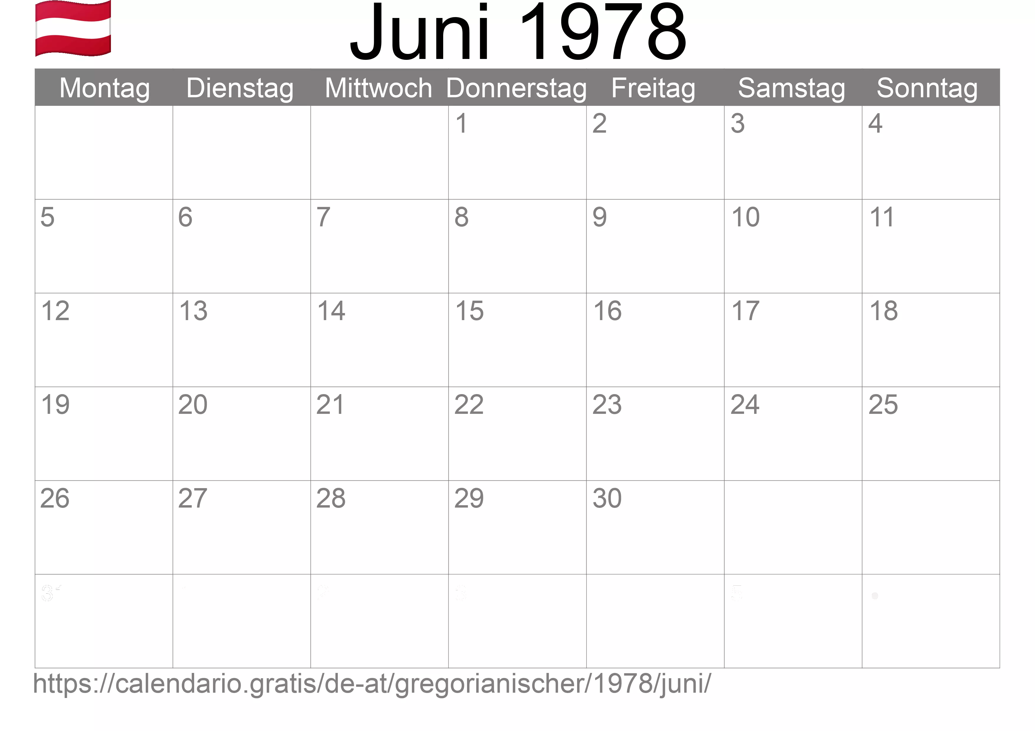 Kalender Juni 1978 zum Ausdrucken (Österreich)