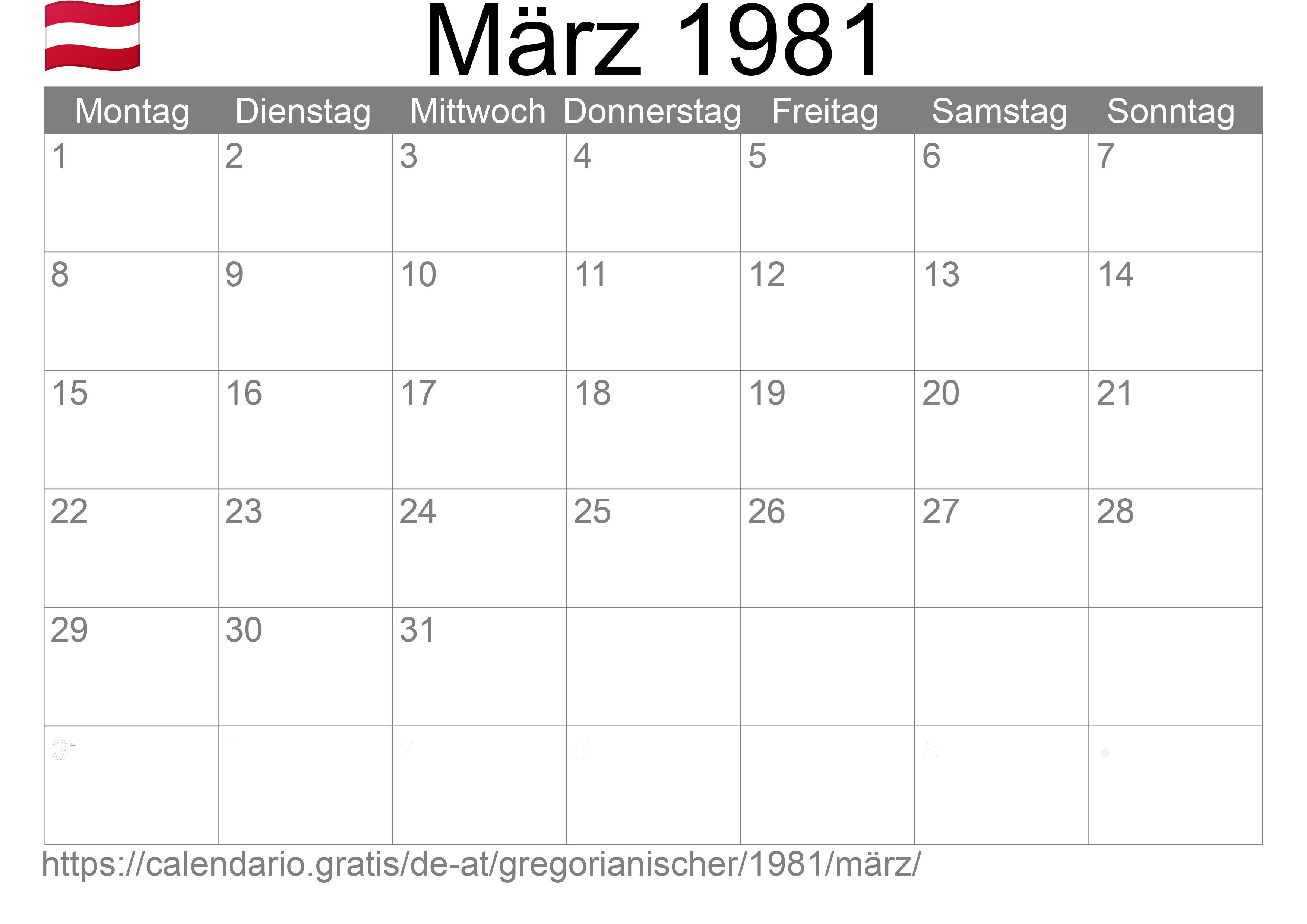 Kalender März 1981 zum Ausdrucken