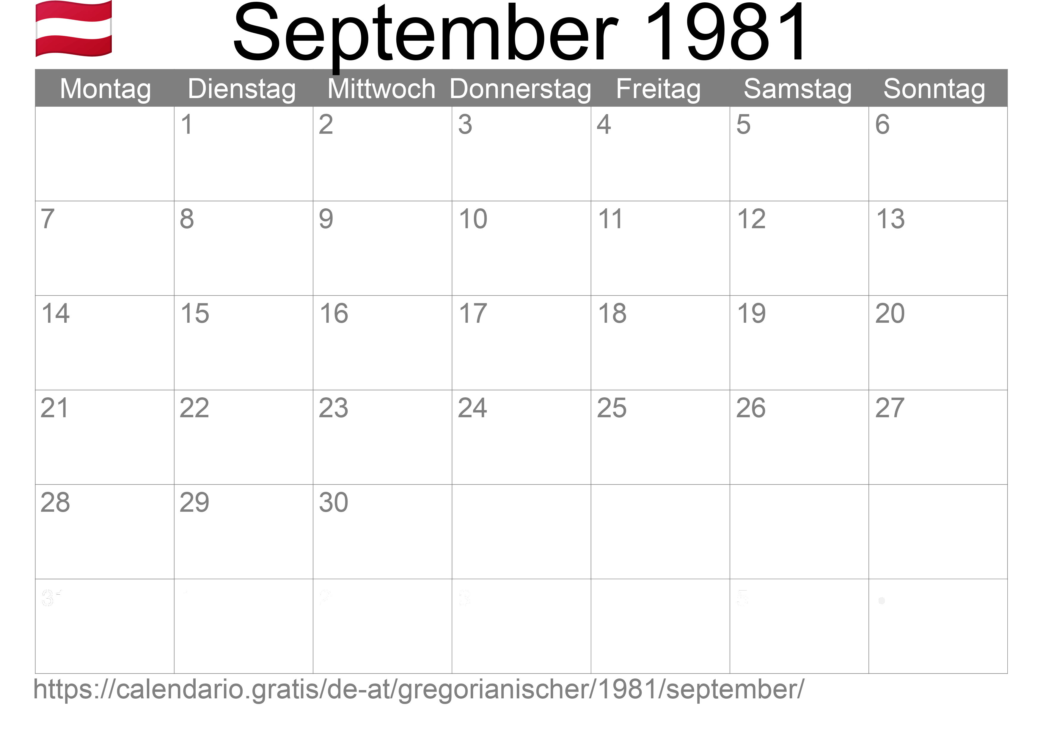 Kalender September 1981 zum Ausdrucken