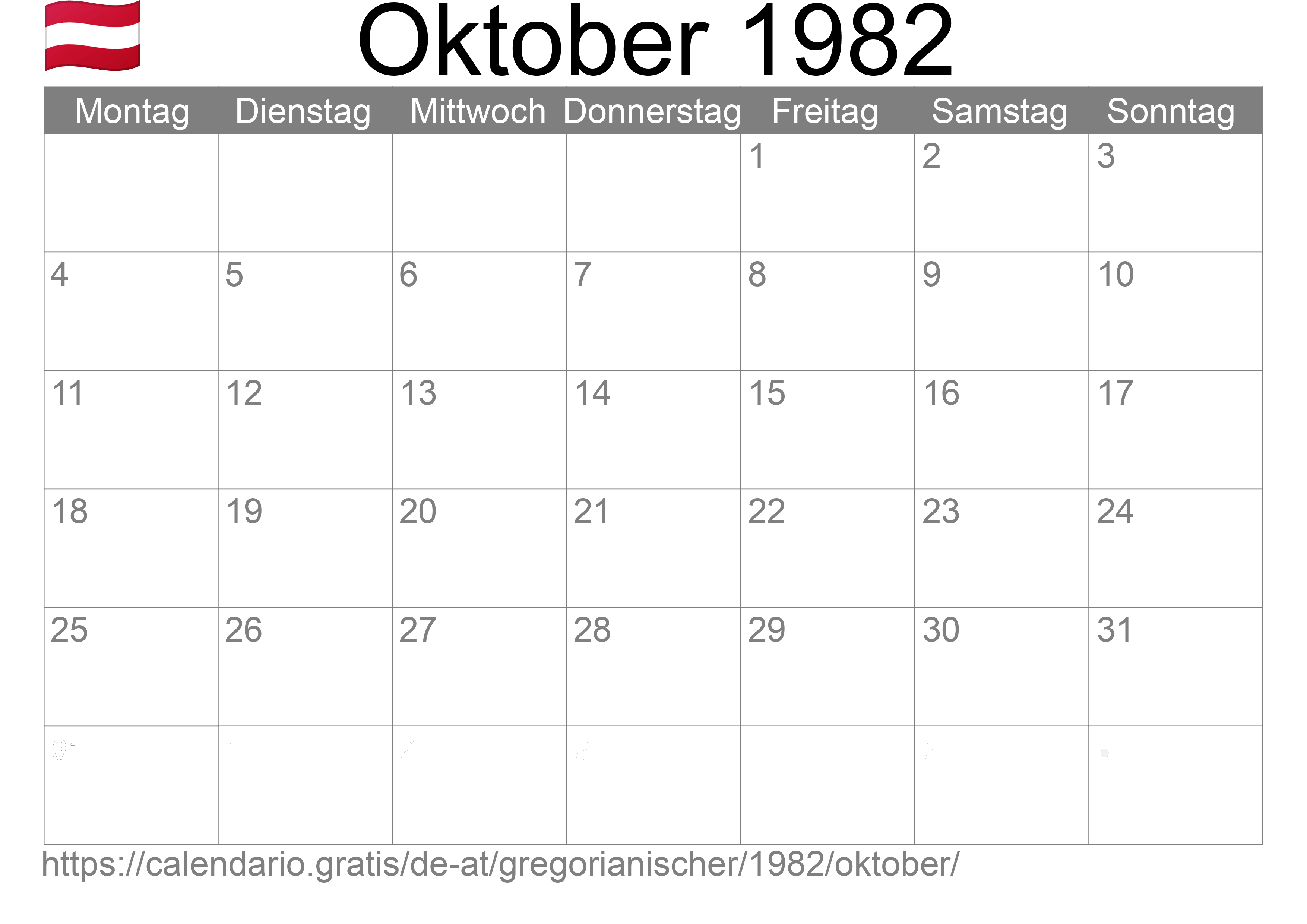 Kalender Oktober 1982 zum Ausdrucken