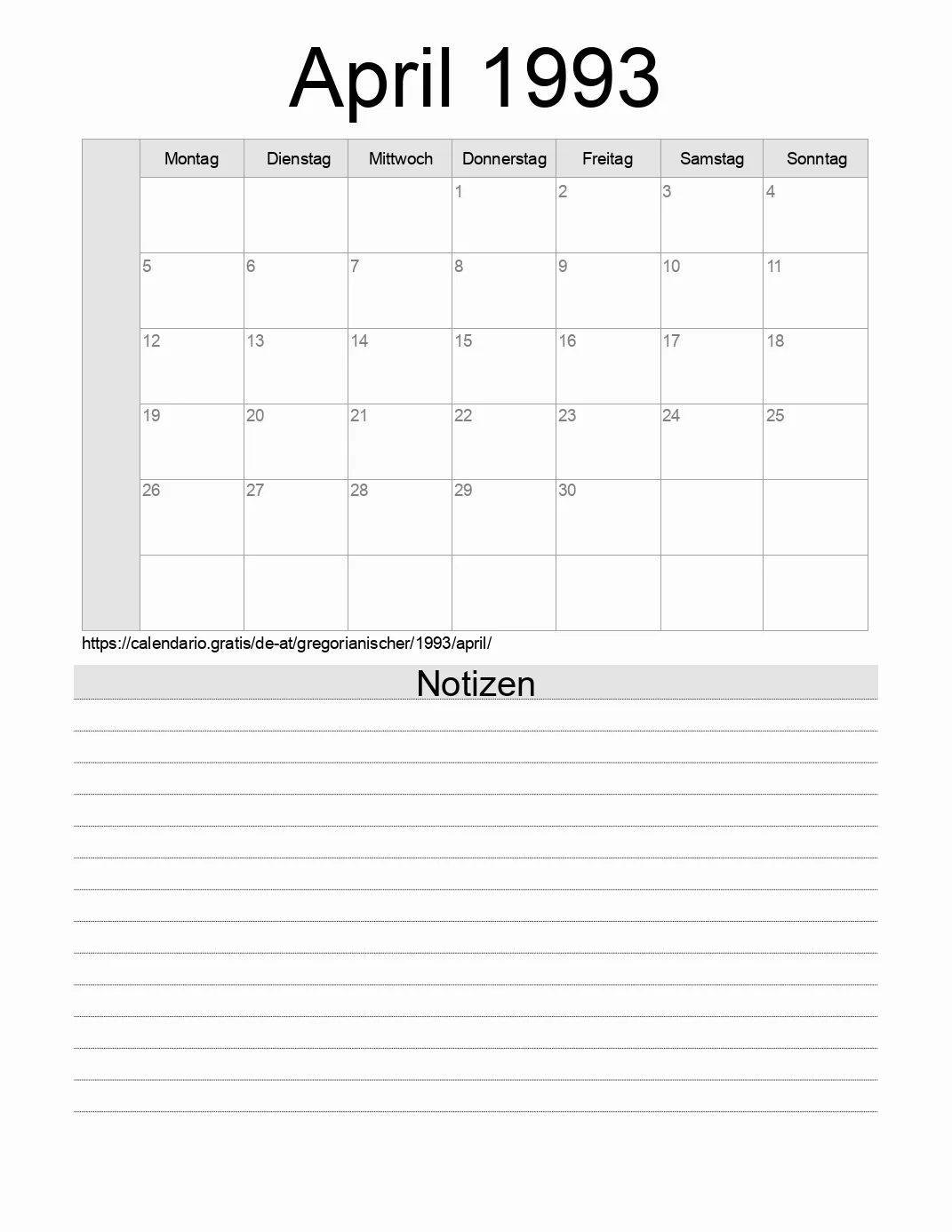 Kalender für April 1993 zum Drucken mit Notizen. (Österreich)