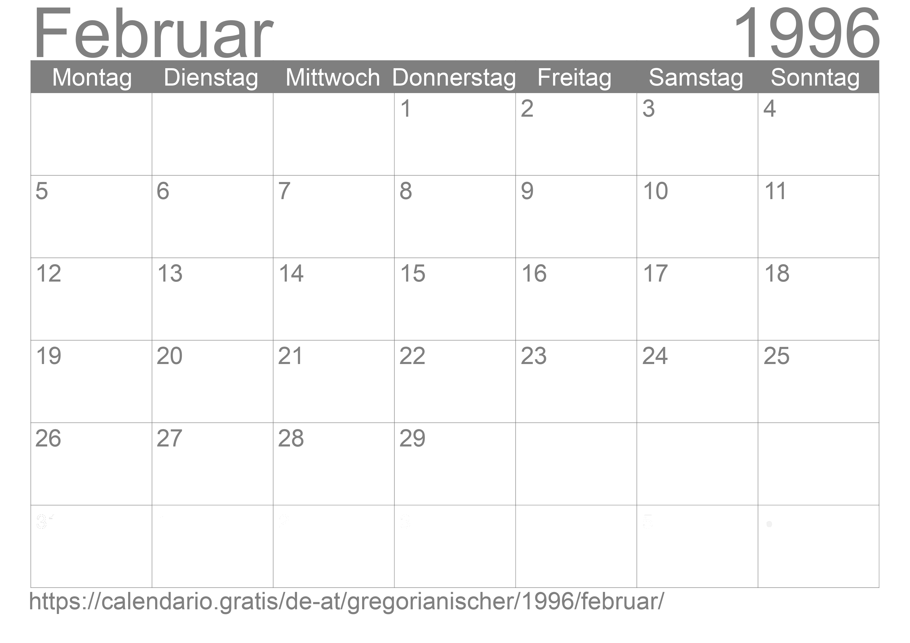Kalender Februar 1996 zum Ausdrucken
