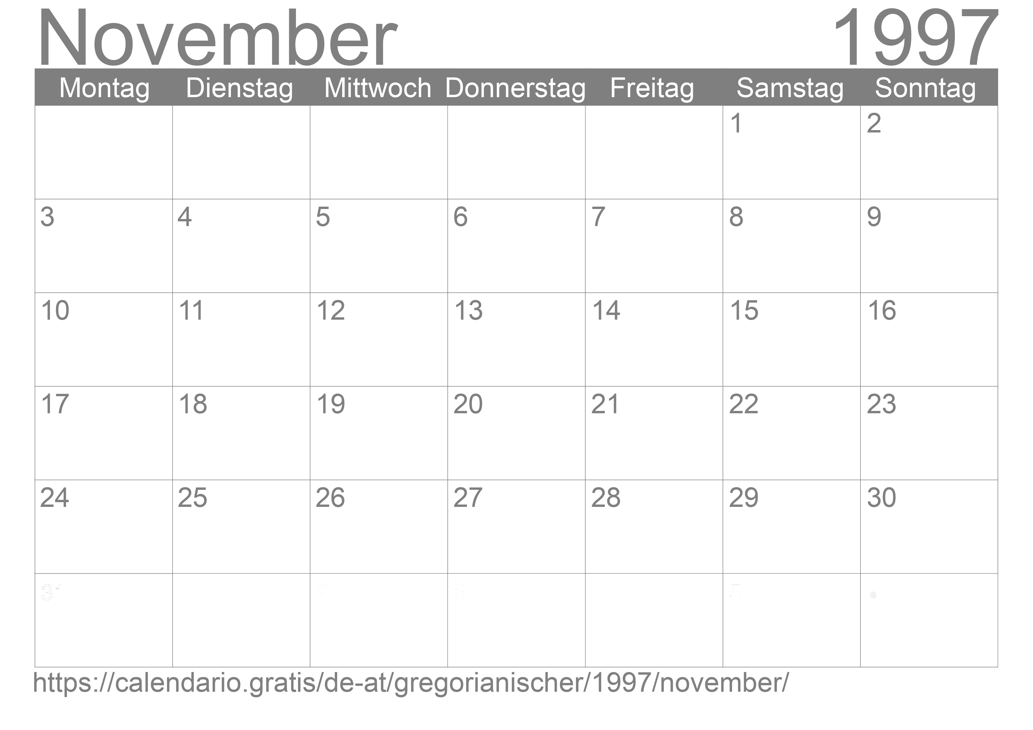 Kalender November 1997 zum Ausdrucken