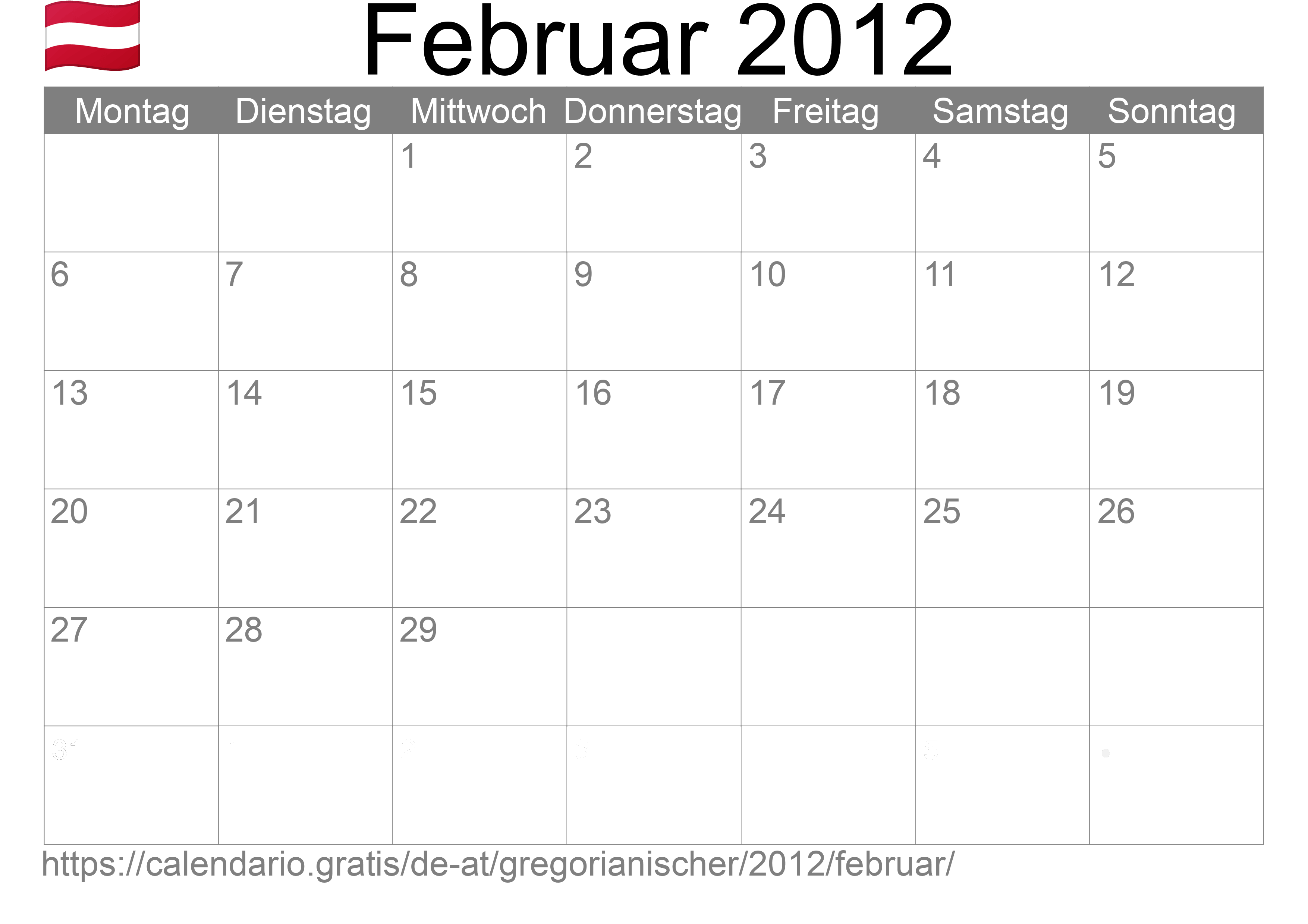 Kalender Februar 2012 zum Ausdrucken