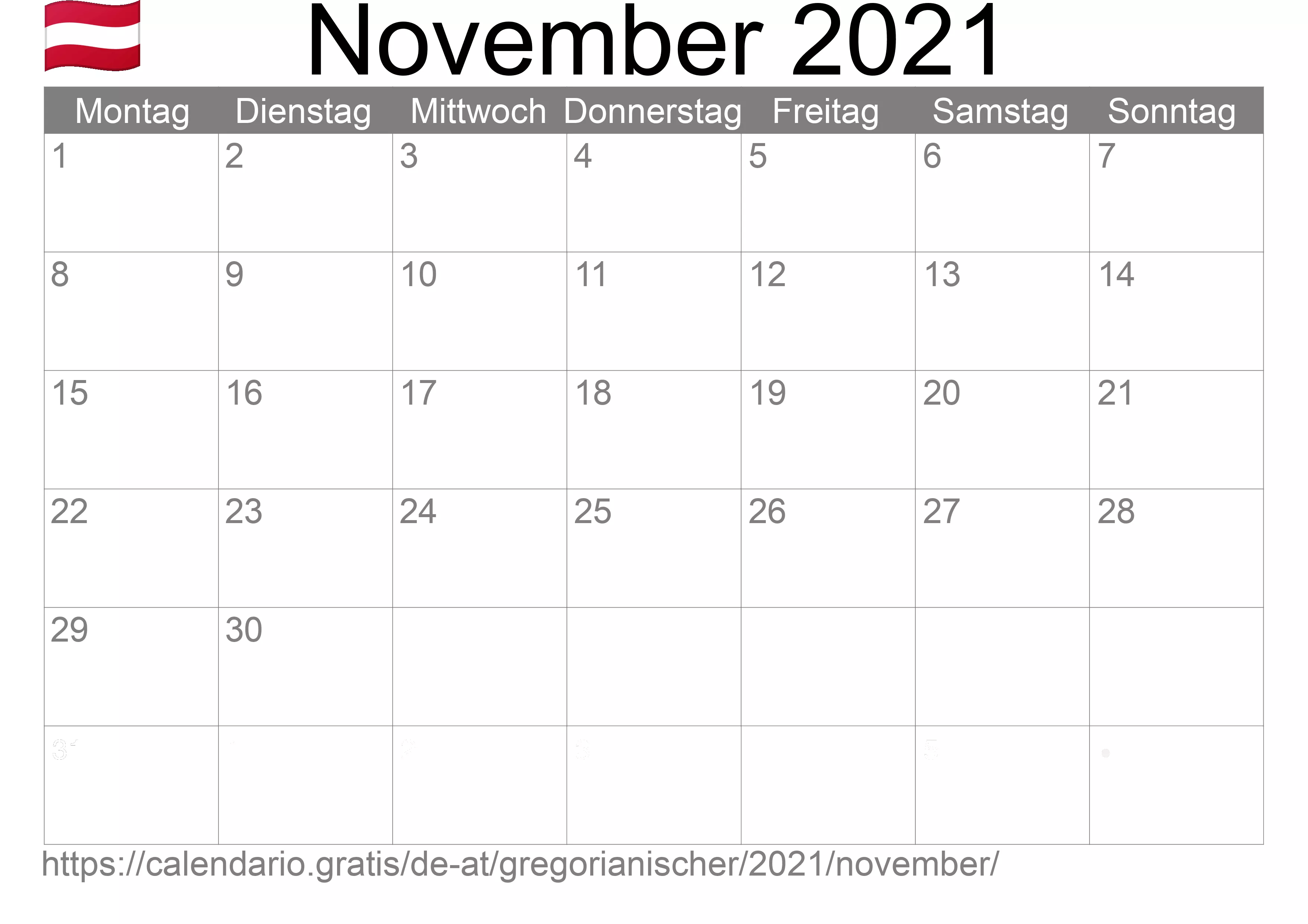 Kalender November 2021 zum Ausdrucken (Österreich)