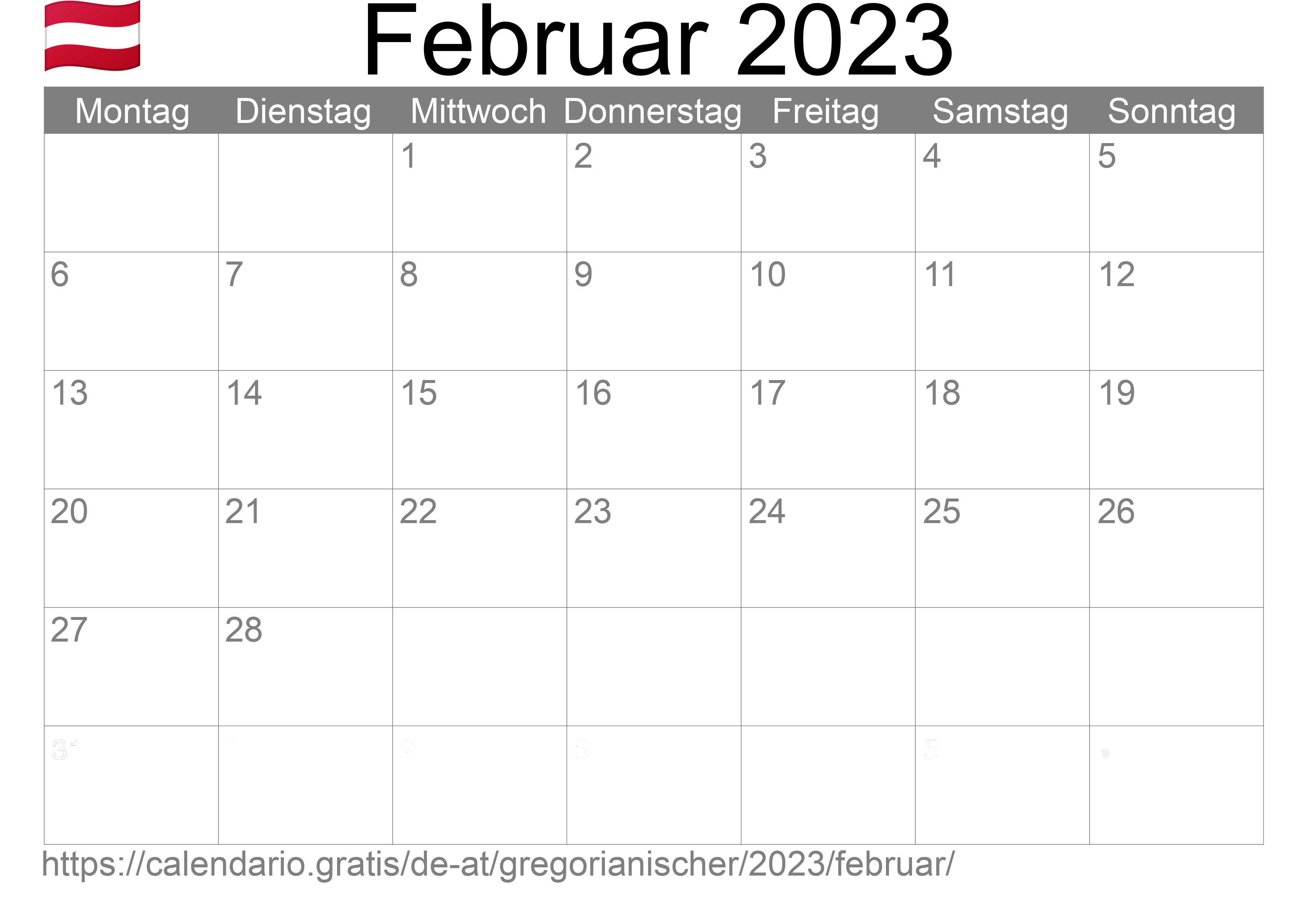 Kalender Februar 2023 zum Ausdrucken