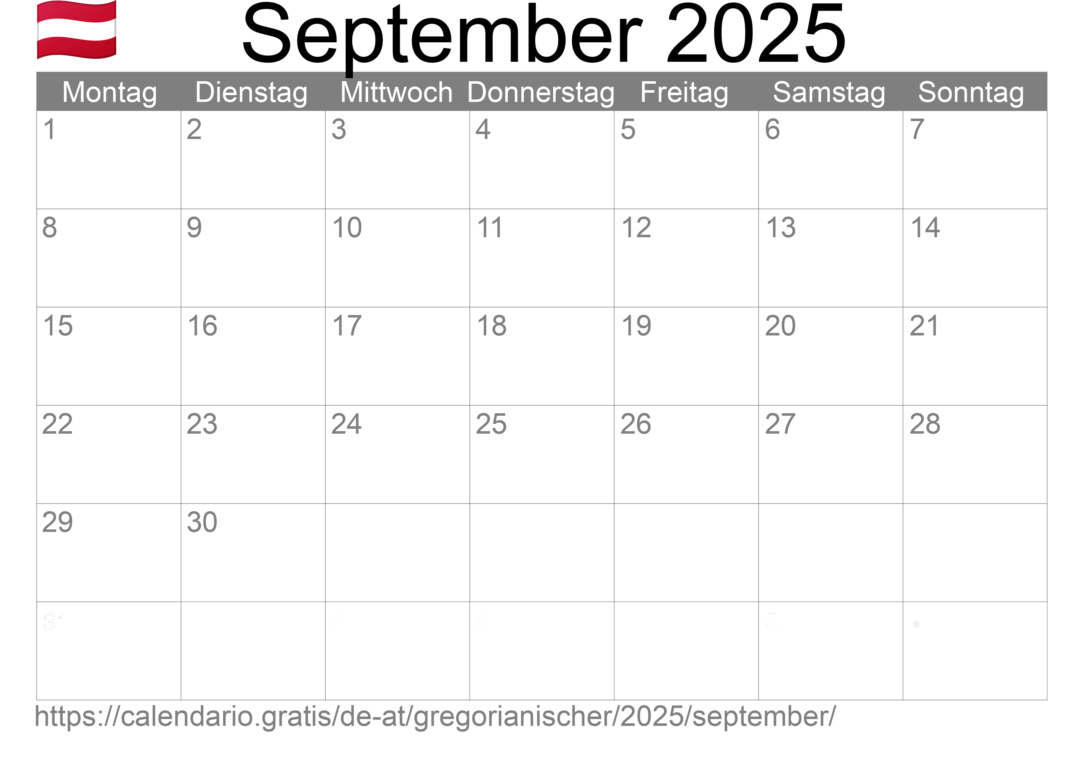 Kalender September 2025 zum Ausdrucken