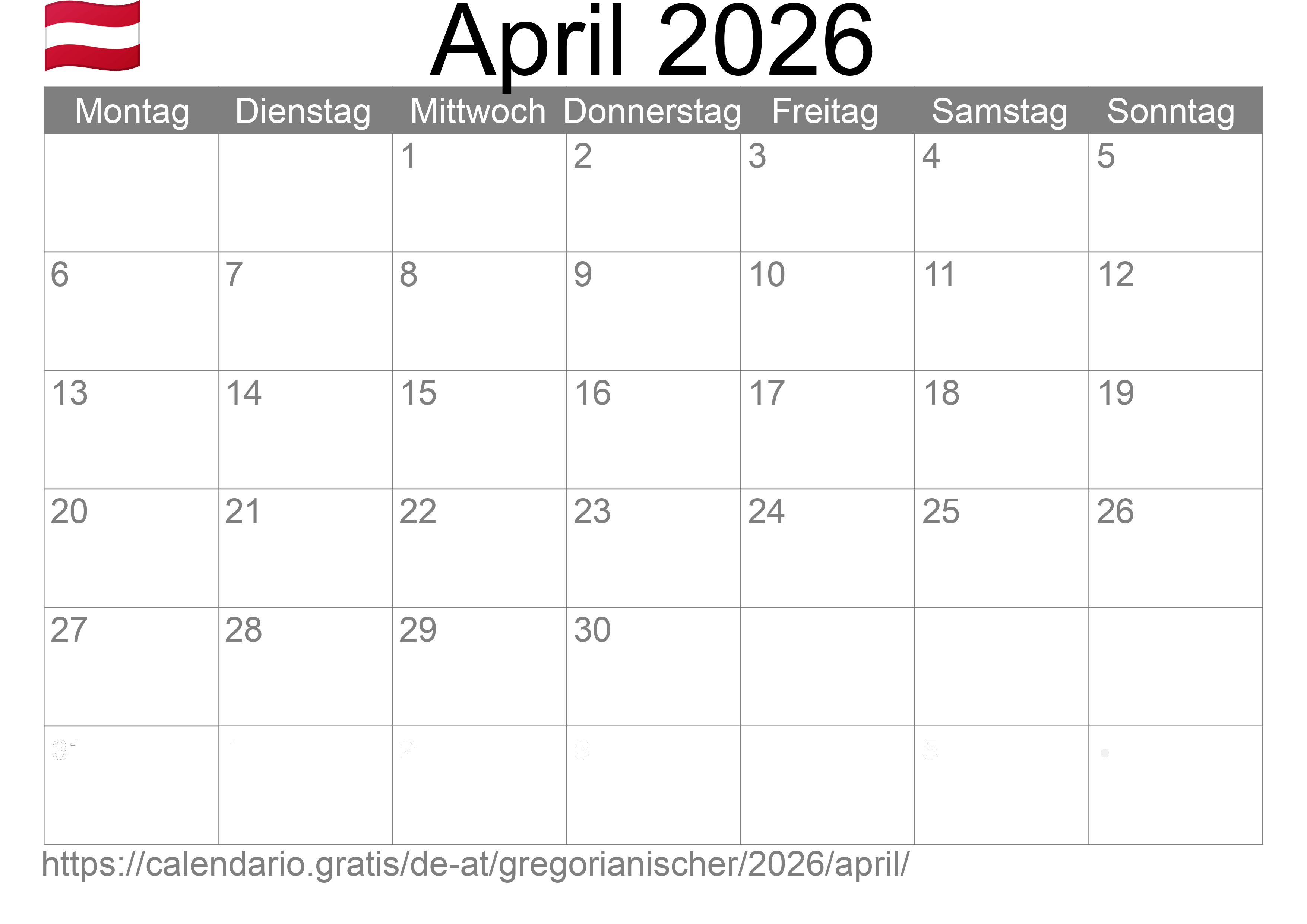 Kalender April 2026 zum Ausdrucken