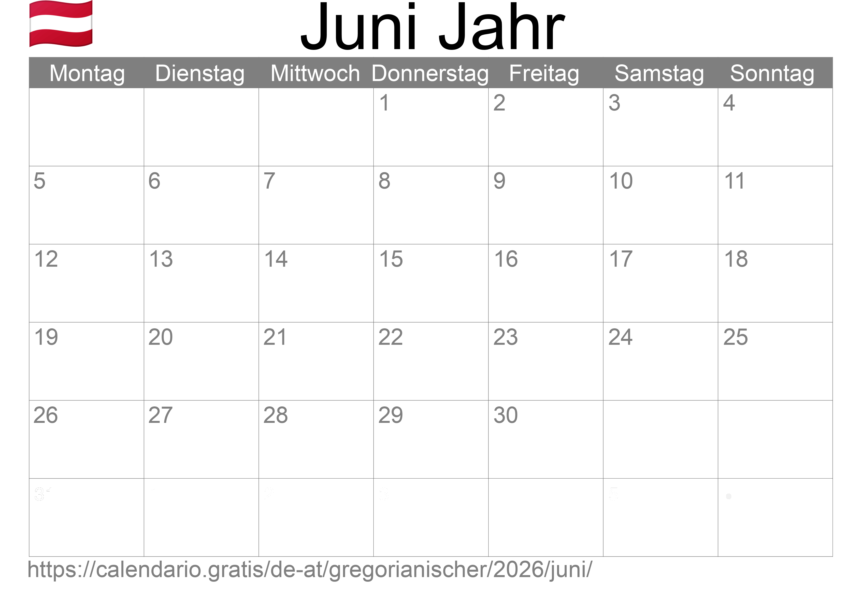 Kalender Juni 2026 zum Ausdrucken