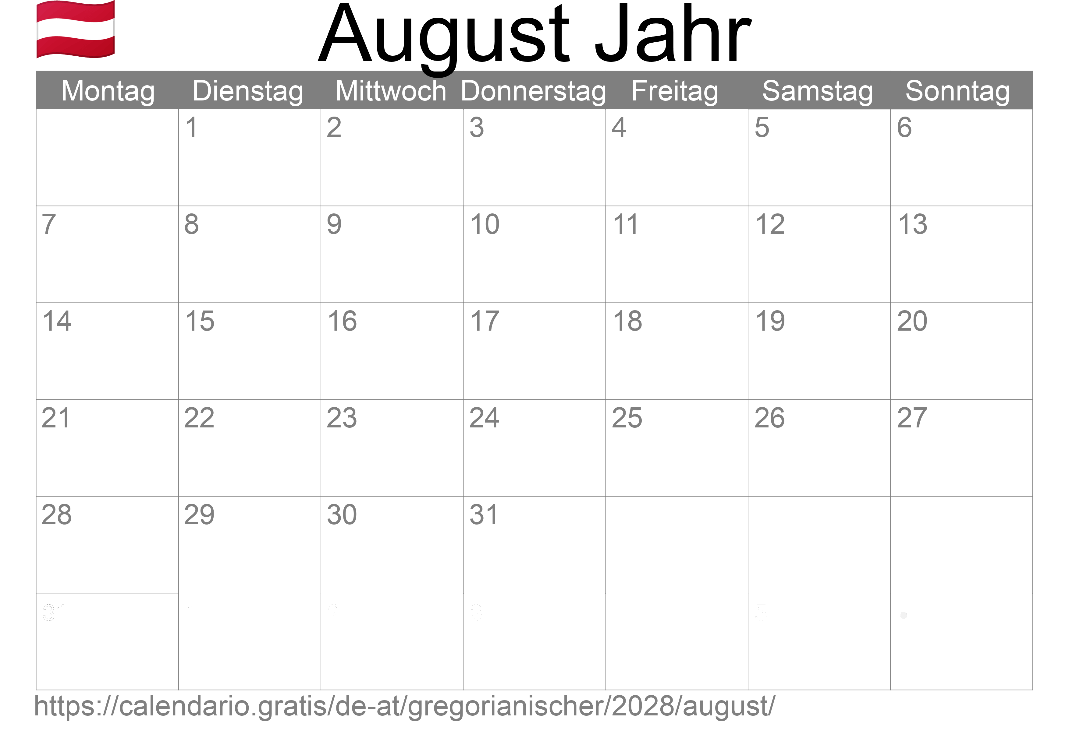 Kalender August 2028 zum Ausdrucken