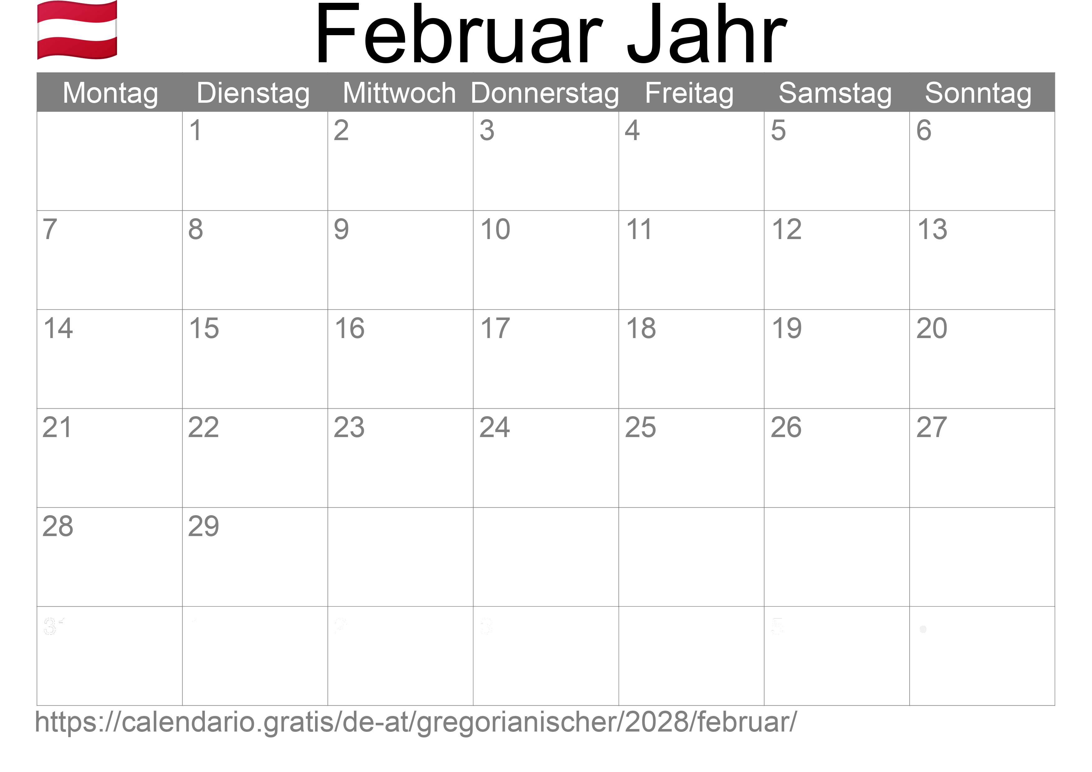 Kalender Februar 2028 zum Ausdrucken