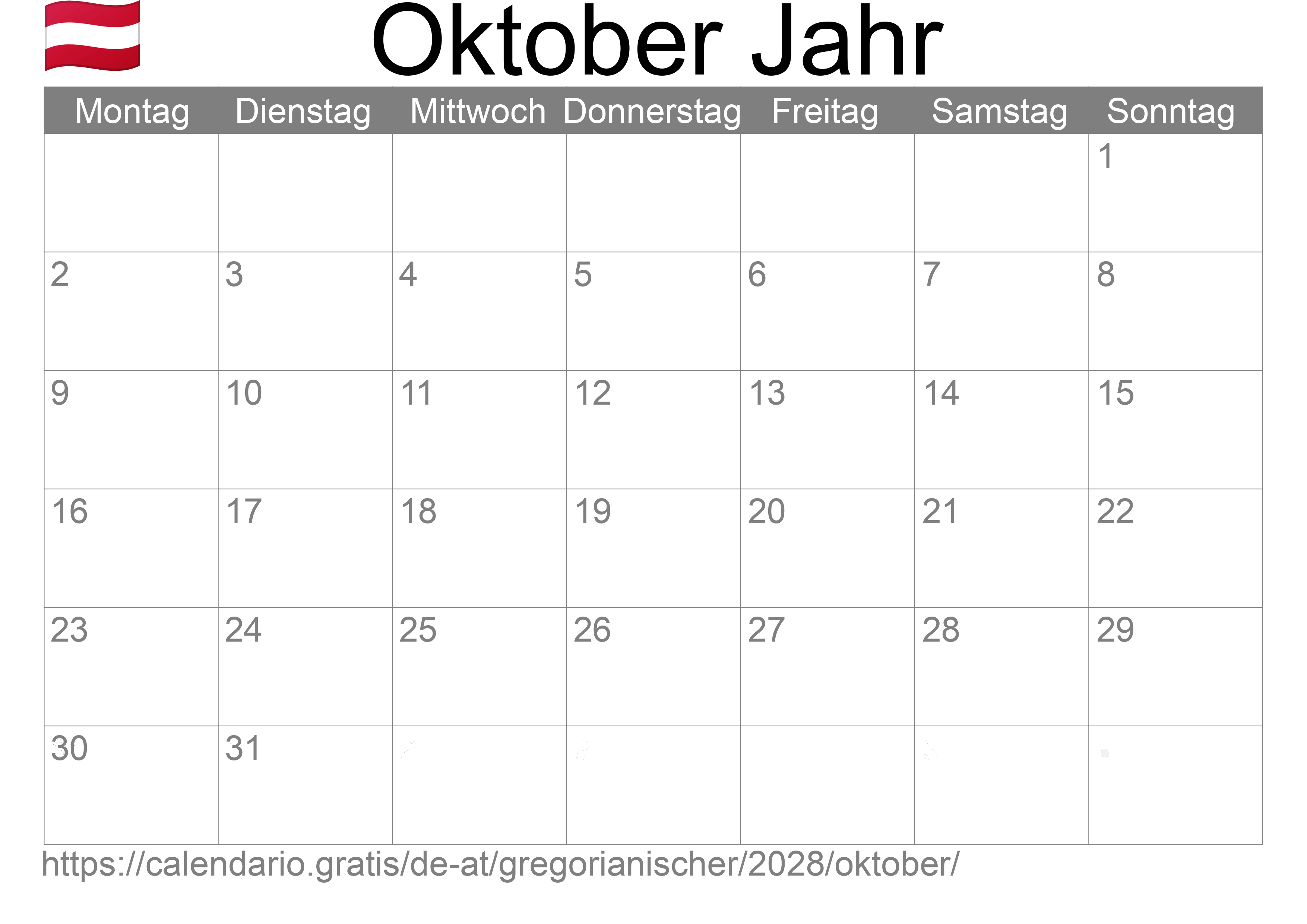 Kalender Oktober 2028 zum Ausdrucken