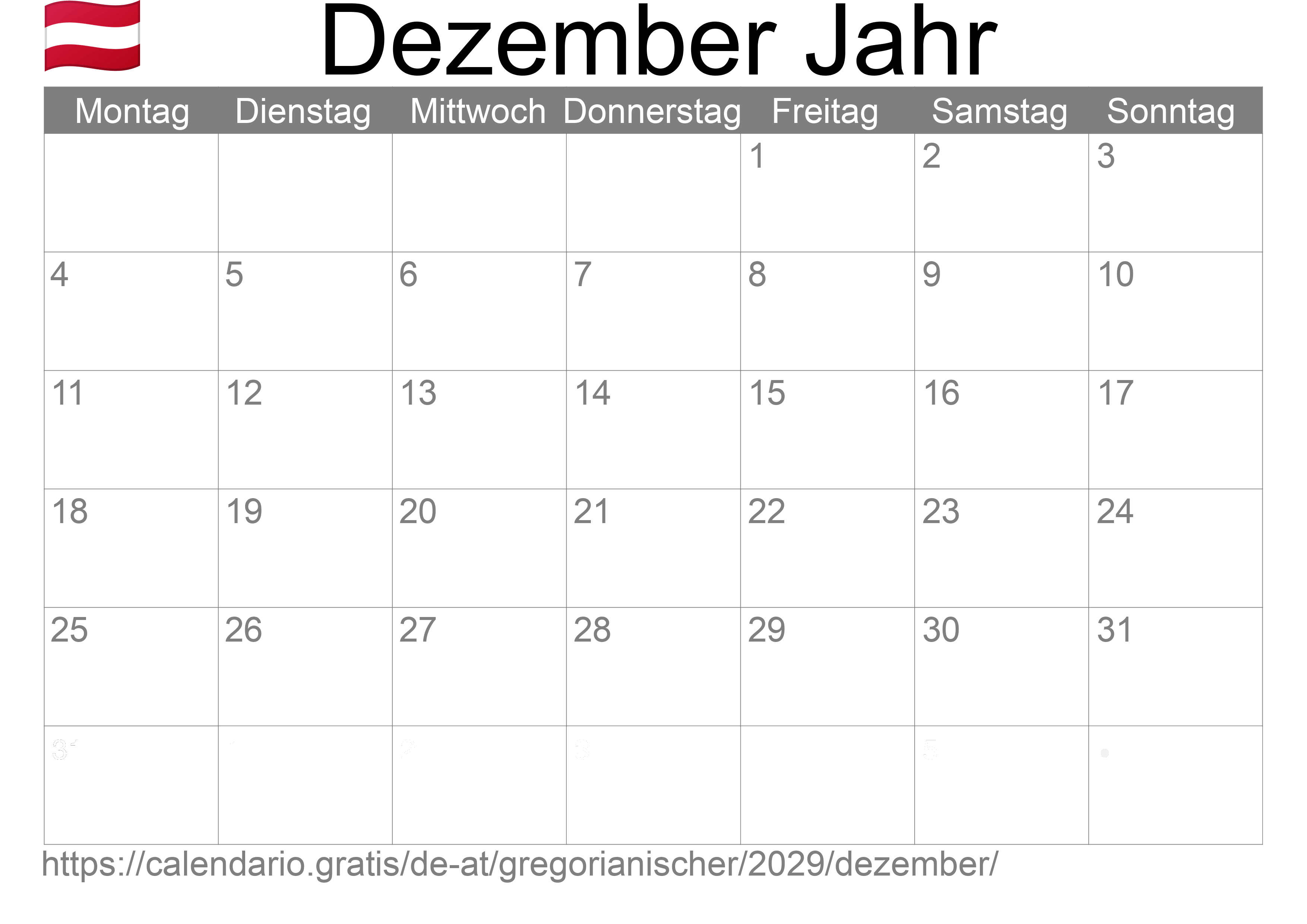 Kalender Dezember 2029 zum Ausdrucken