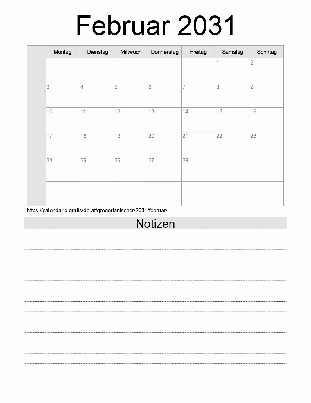 Kalender für Februar 2031 zum Drucken mit Notizen. (Österreich)